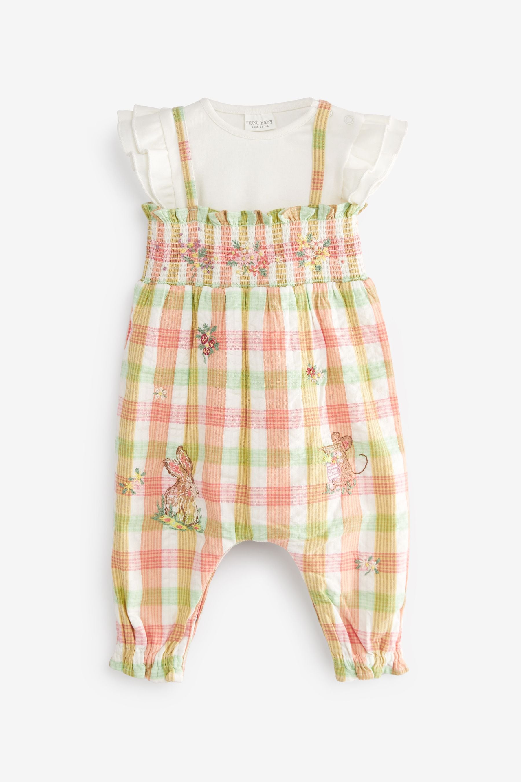 Green and Pink Check Gingham Baby Embroidered Dungaree And Bodysuit Set 2 Piece (0mths-2yrs)