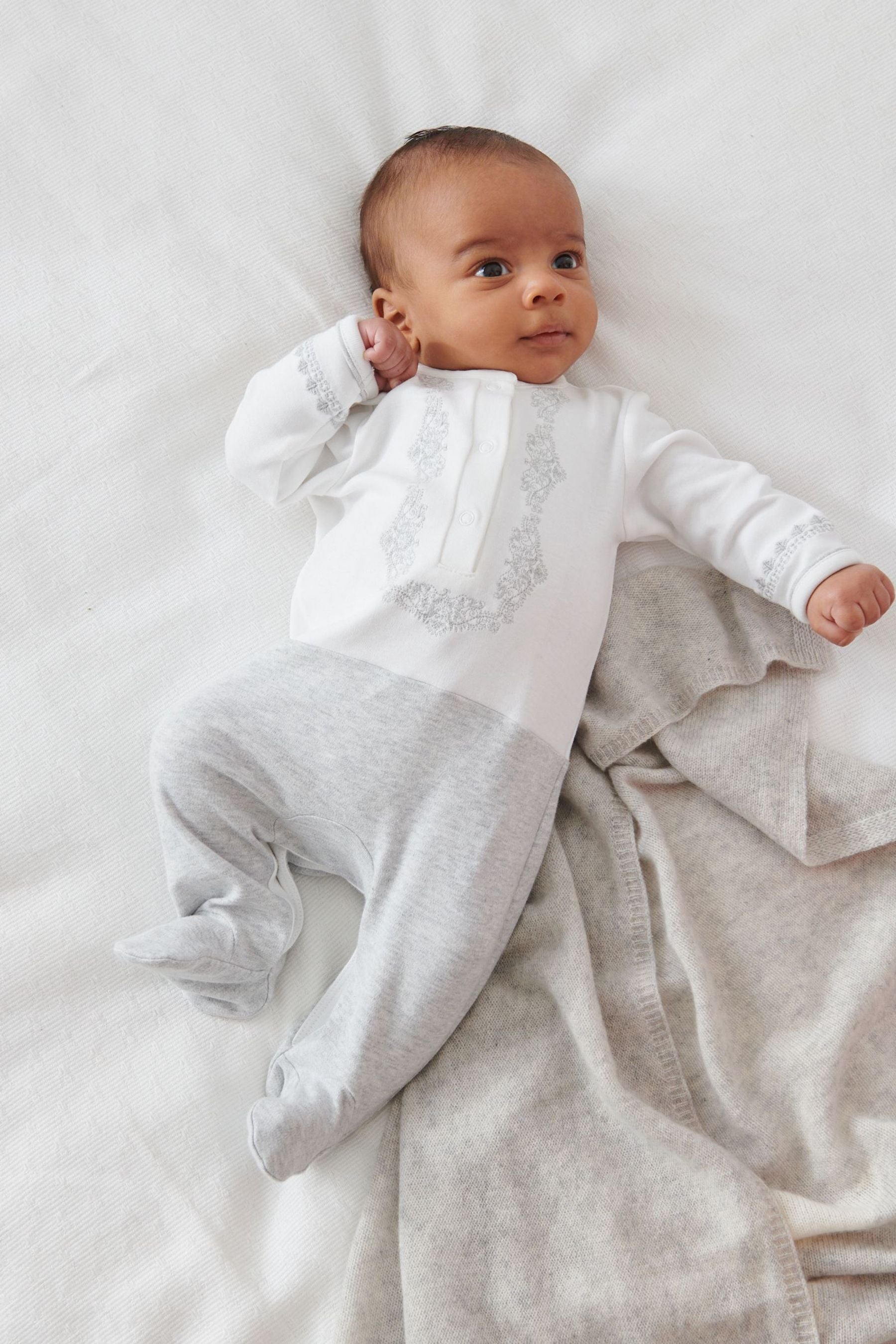 White Baby Embroidered Sleepsuit (0-2yrs)