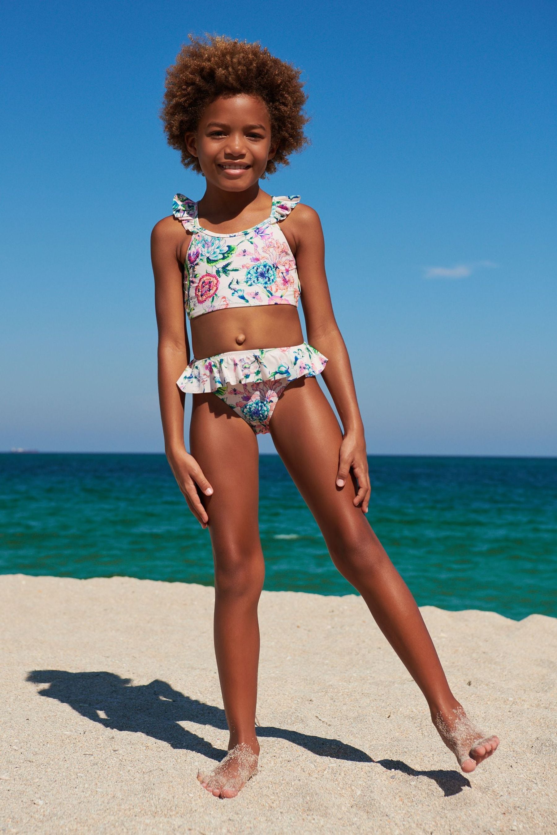 Ecru White/Pink Frill Sleeve Bikini (3-16yrs)