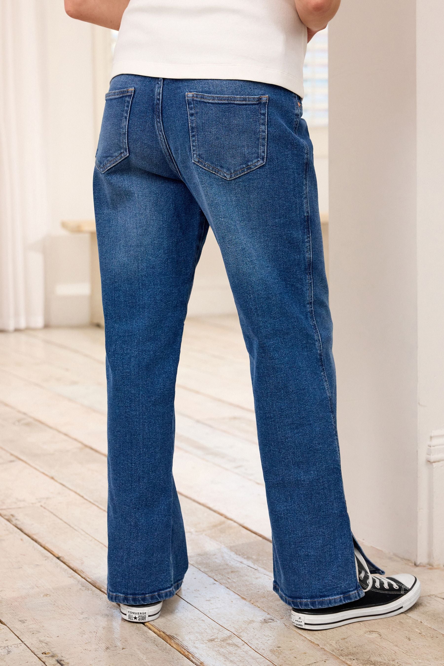 Mid Blue Denim Maternity Straight Leg Jeans with Side Split and Over-the Bump Band