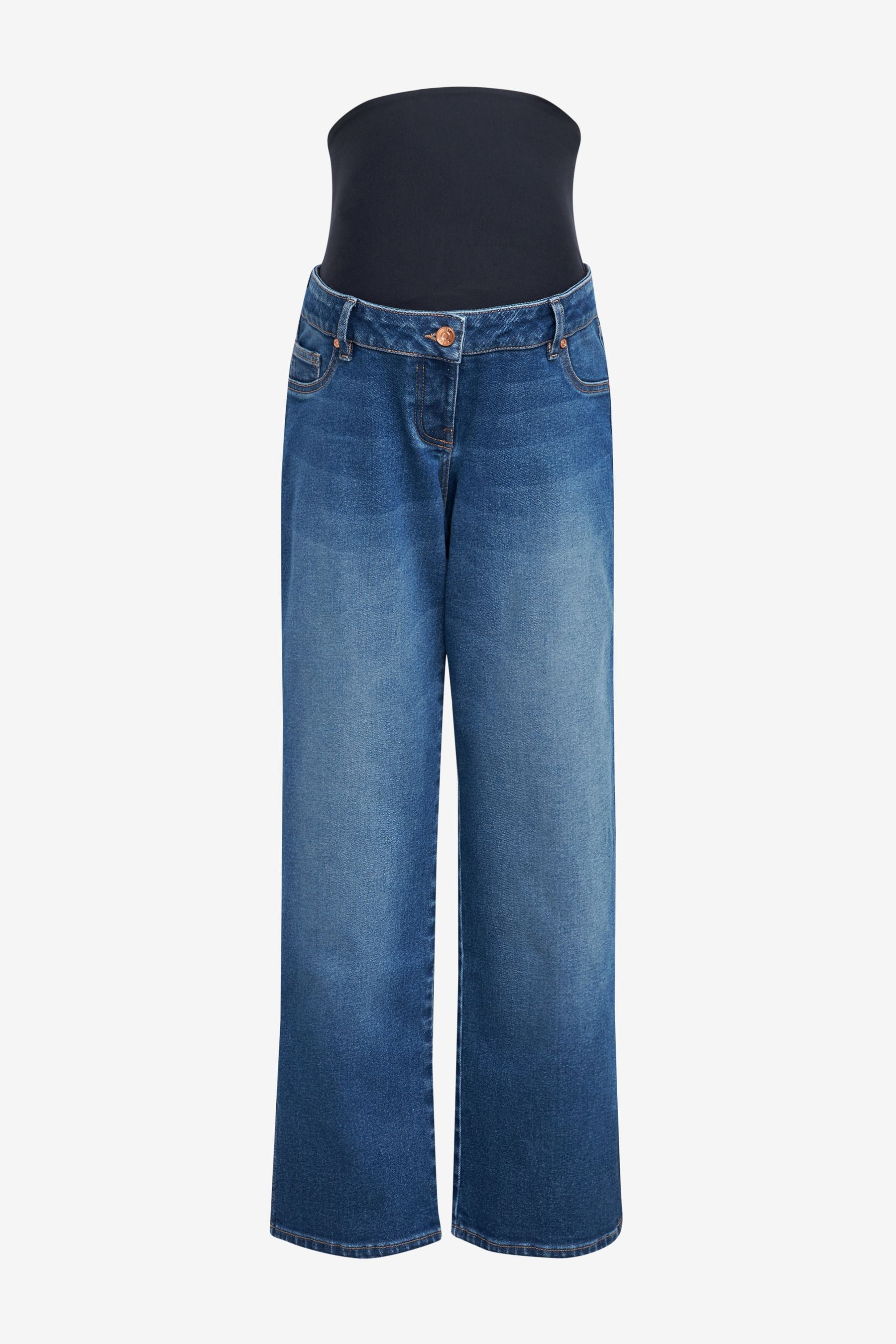 Mid Blue Denim Maternity Straight Leg Jeans with Side Split and Over-the Bump Band