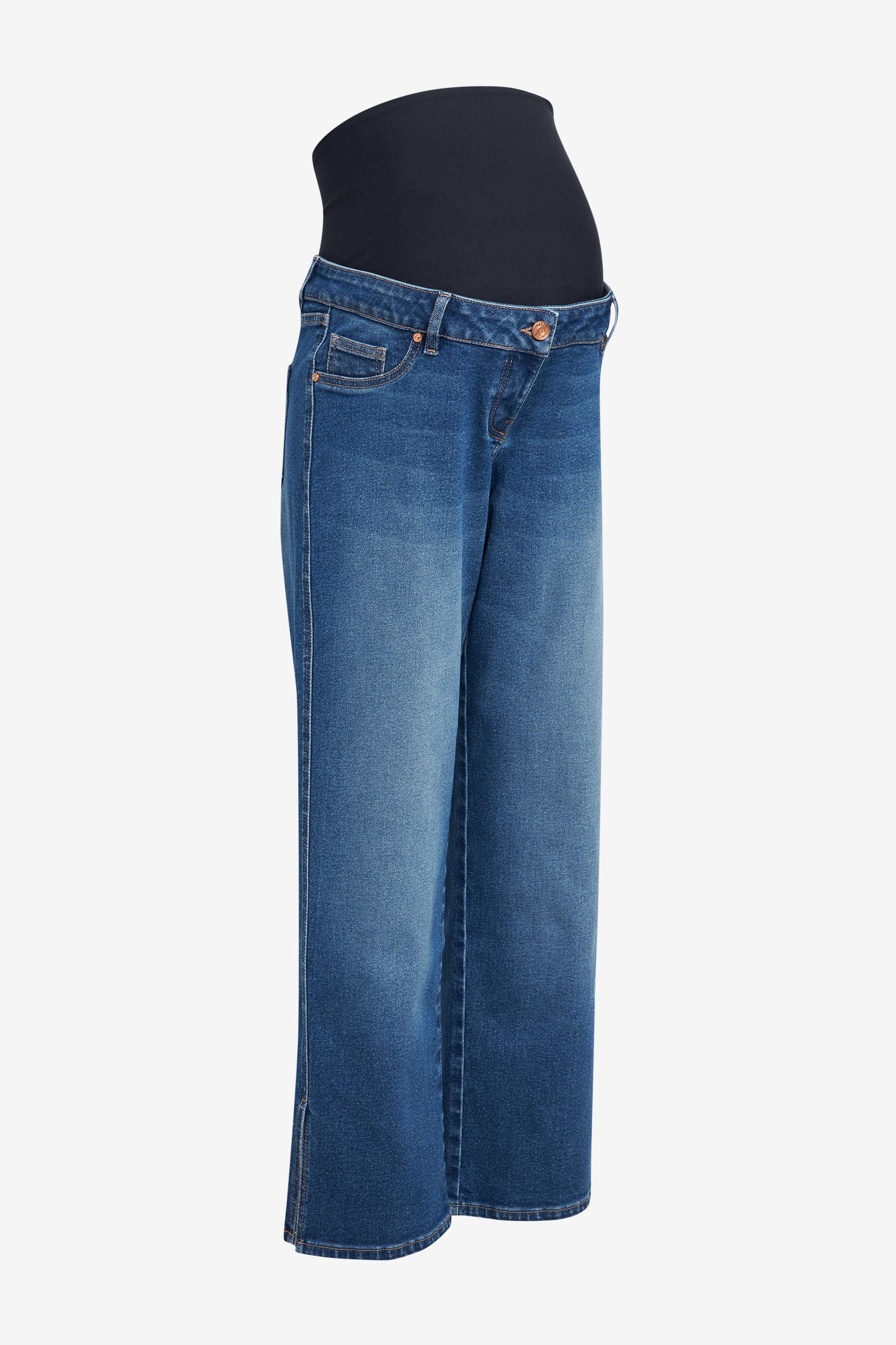 Mid Blue Denim Maternity Straight Leg Jeans with Side Split and Over-the Bump Band