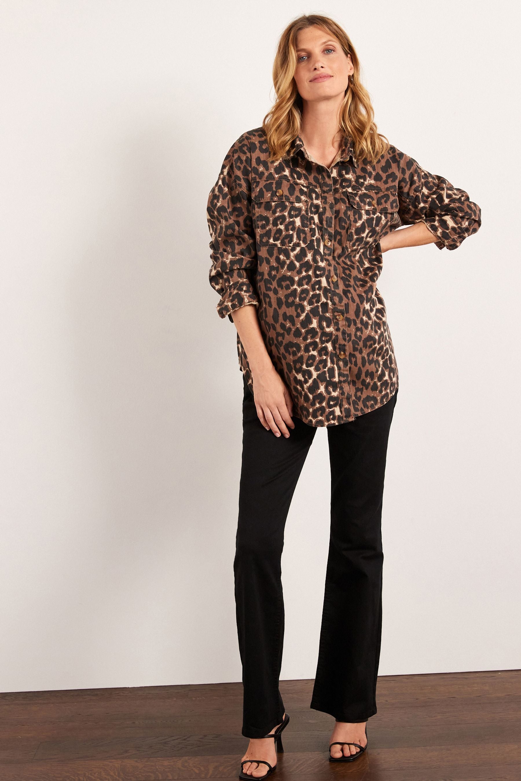 Animal Print Maternity/Nursing Oversize Denim Shirt