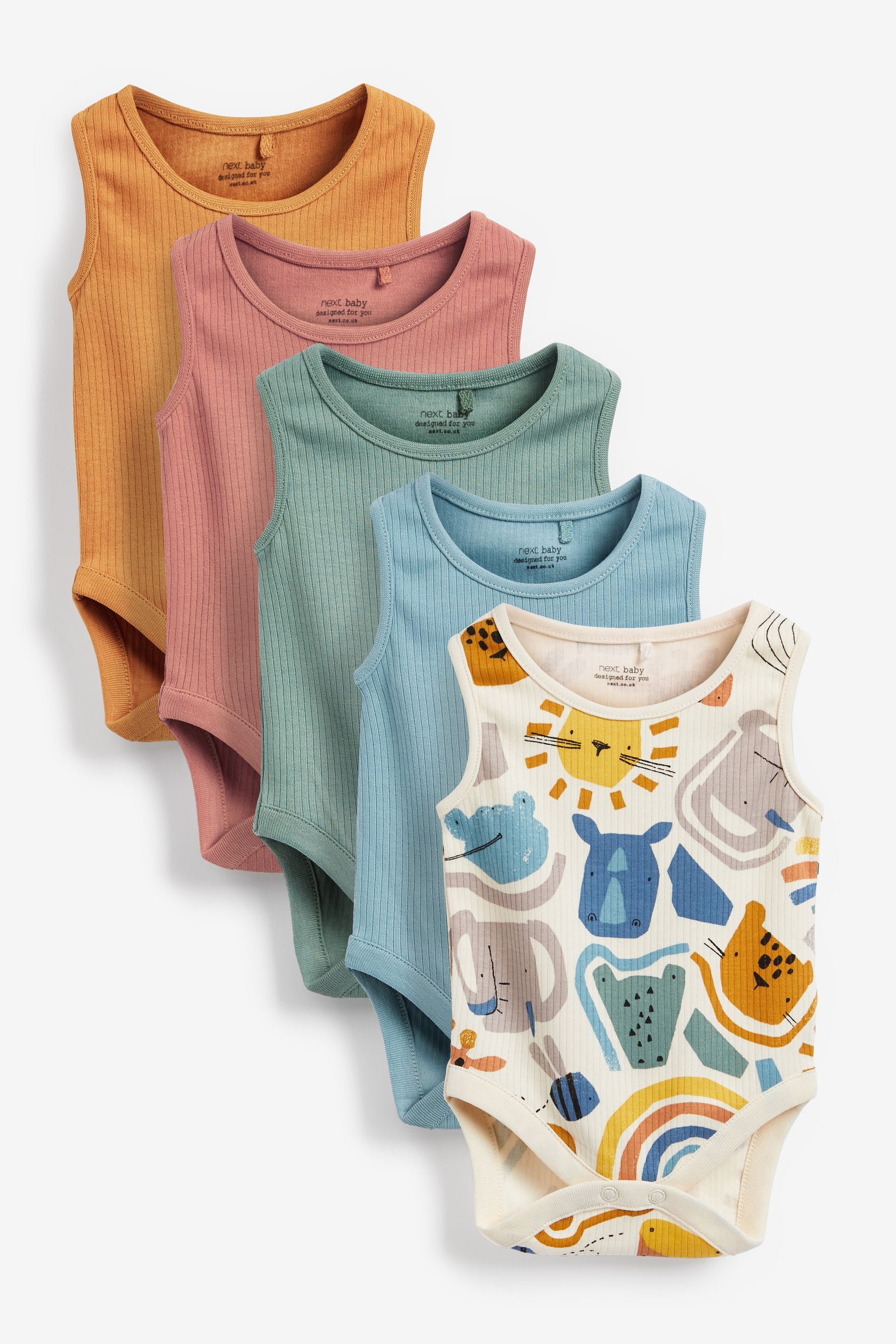 Blue/Ochre Yellow Animal Baby 5 Pack Vest Bodysuits (0mths-3yrs)