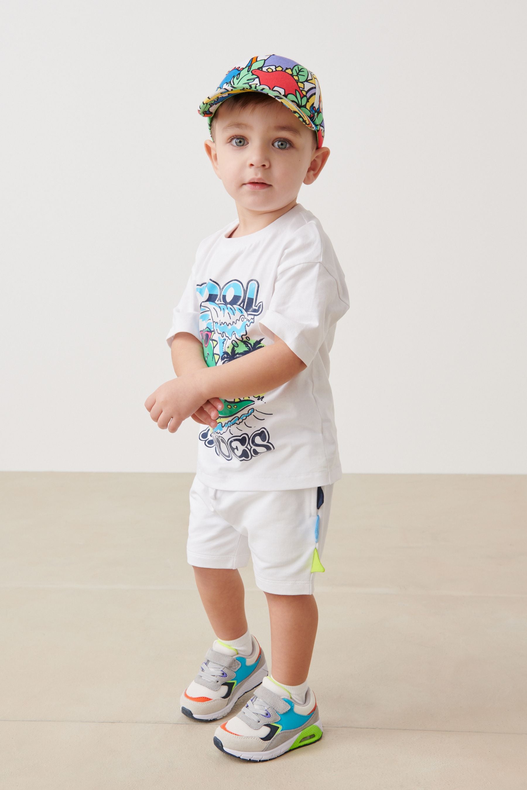 White Oversized Dino T-Shirt And Shorts Set (3mths-7yrs)