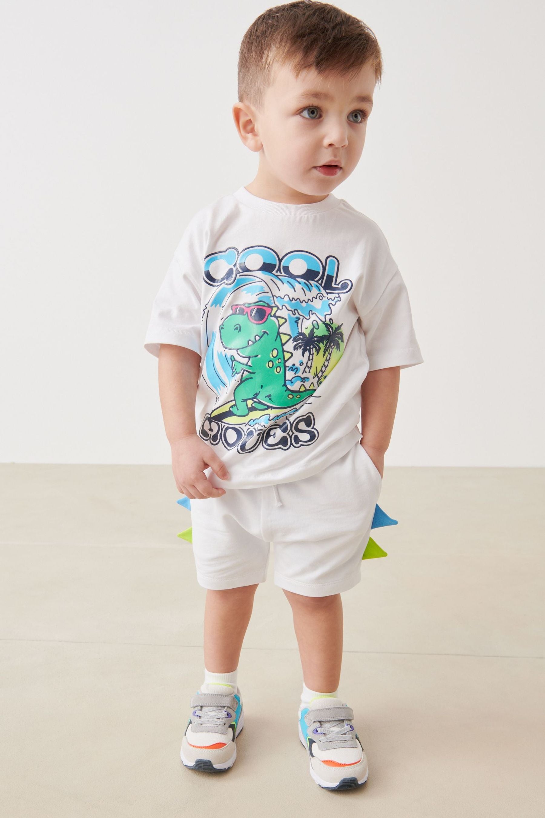 White Oversized Dino T-Shirt And Shorts Set (3mths-7yrs)