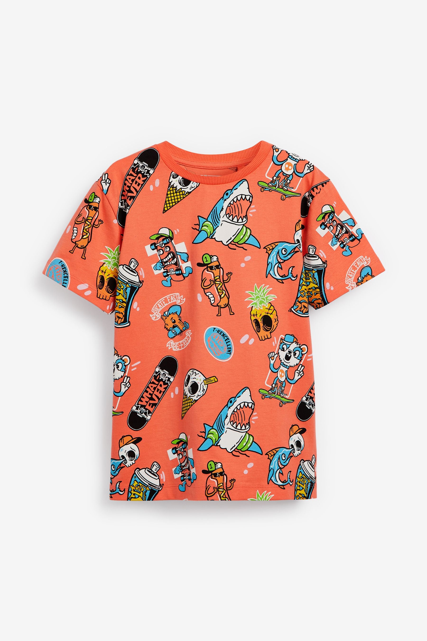 Coral Orange Summer Shark All Over Print Short Sleeve T-Shirt (3-16yrs)