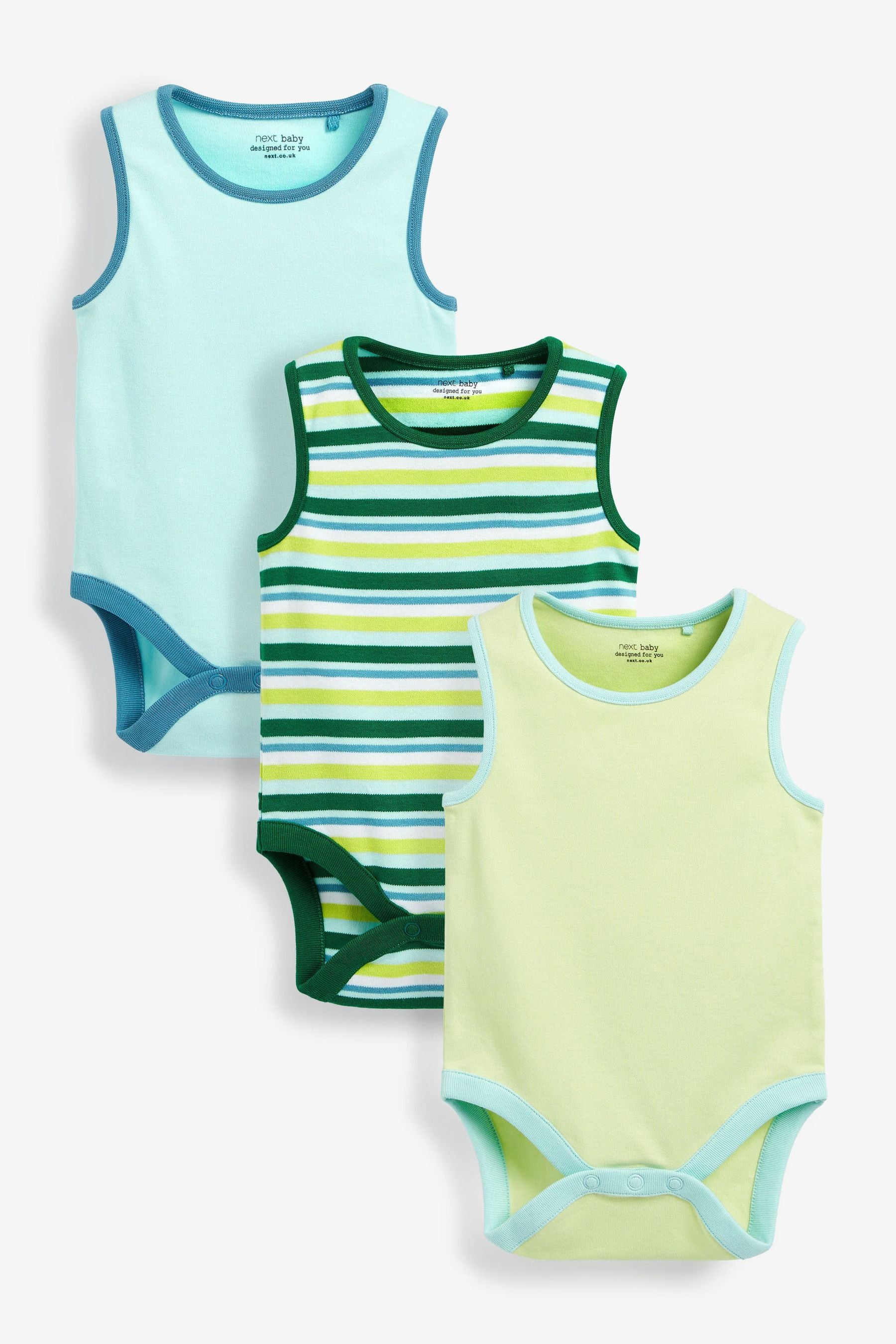 Blue/Lime Green Baby 3 Pack Vest Bodysuits (0mths-3yrs)