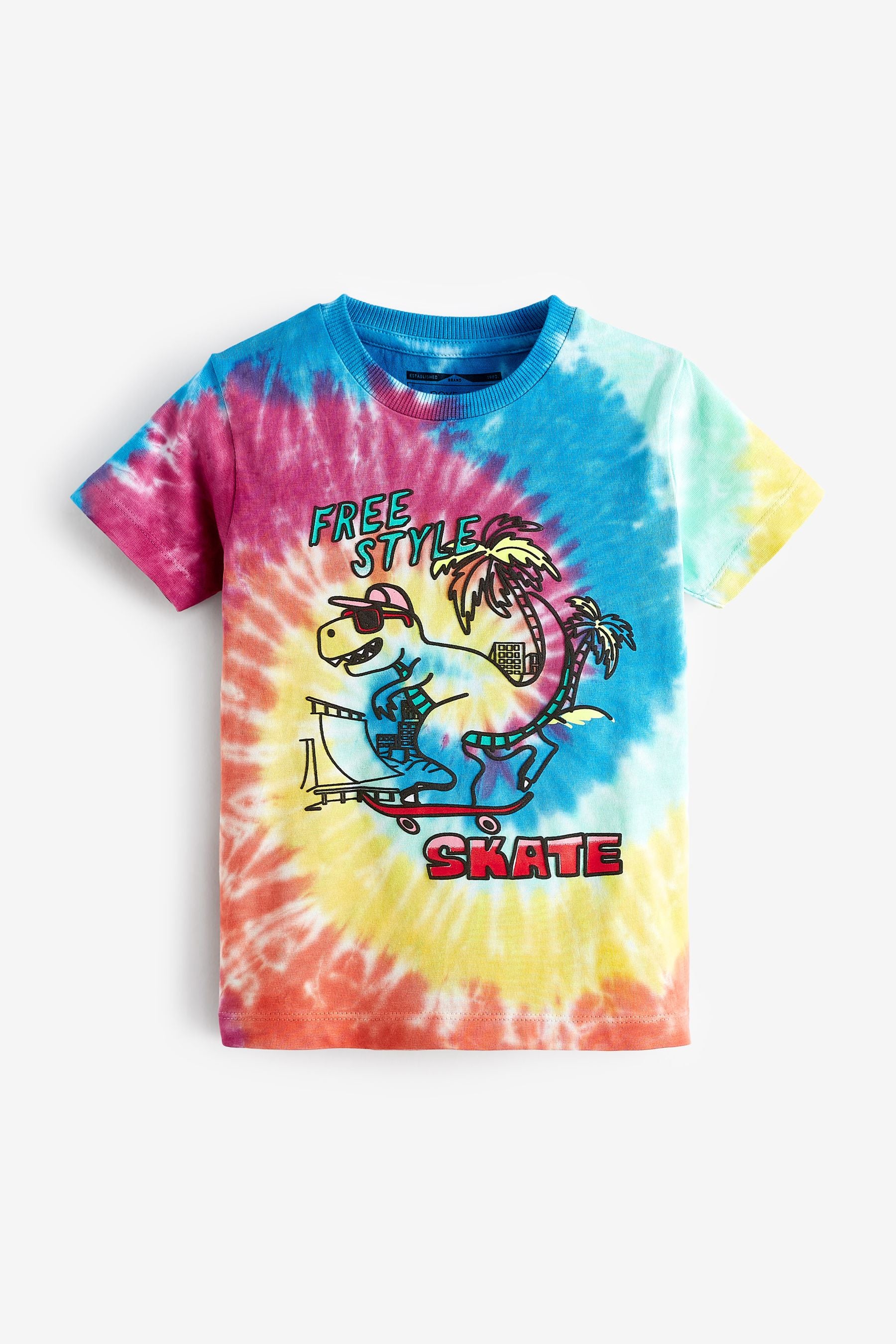 Rainbow Dino Skate Tie Dye Short Sleeve T-Shirt (3mths-7yrs)