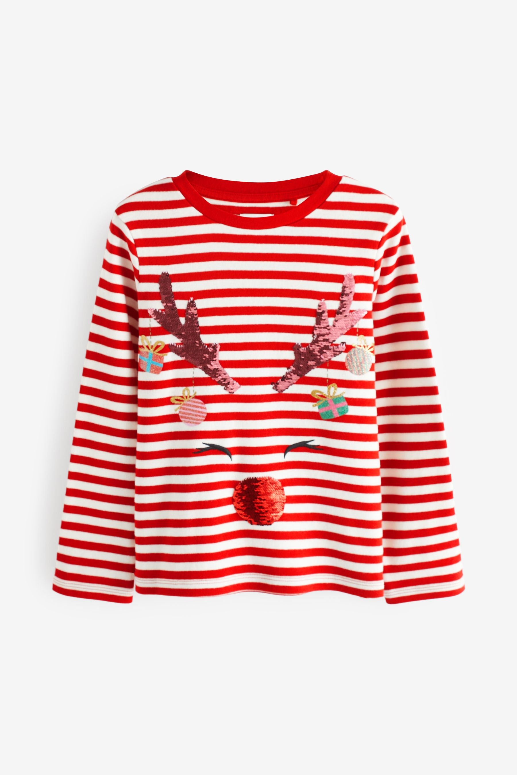 Red Stripe Sequin Reindeer Christmas Long Sleeve T-Shirt (3-16yrs)