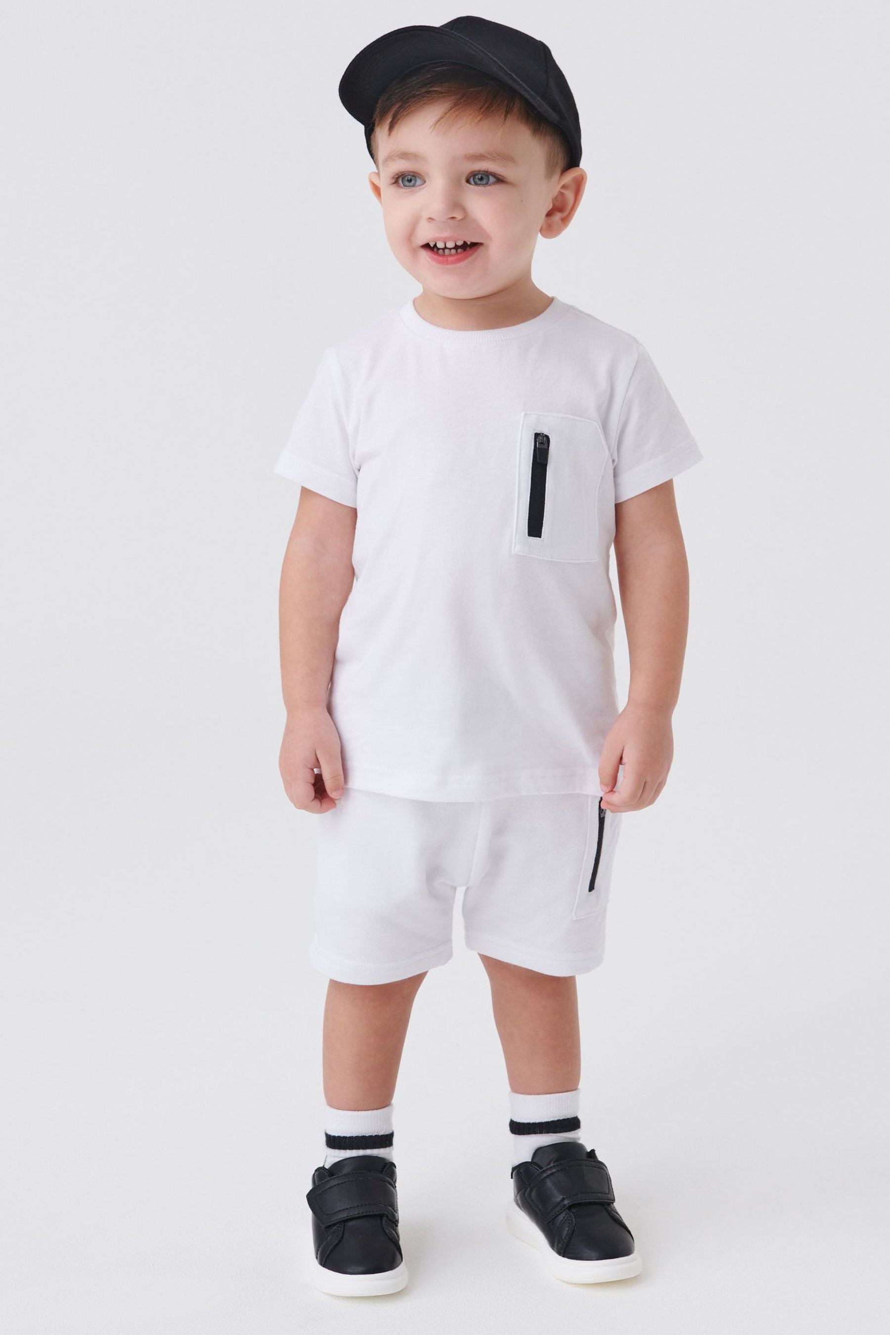 White Zip Pocket T-Shirt And Shorts Set (3mths-7yrs)