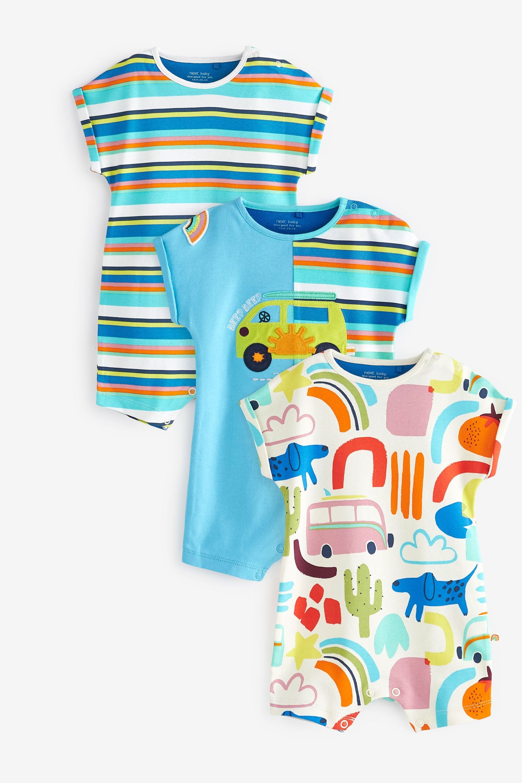 Bright Blue Van Print Baby 3 Pack Rompers (0mths-3yrs)