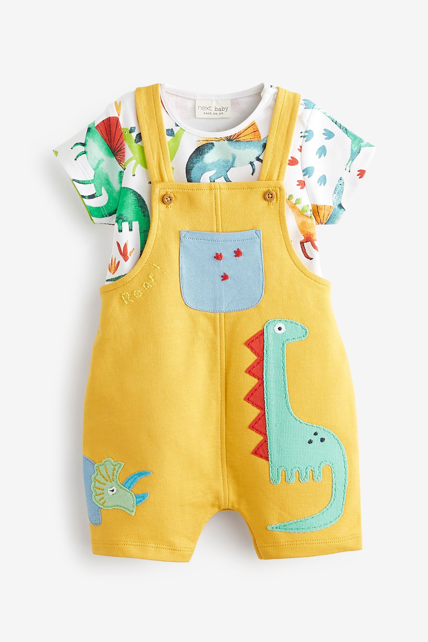 Yellow Applique Dino Baby Jersey Dungarees And Bodysuit Set (0mths-2yr