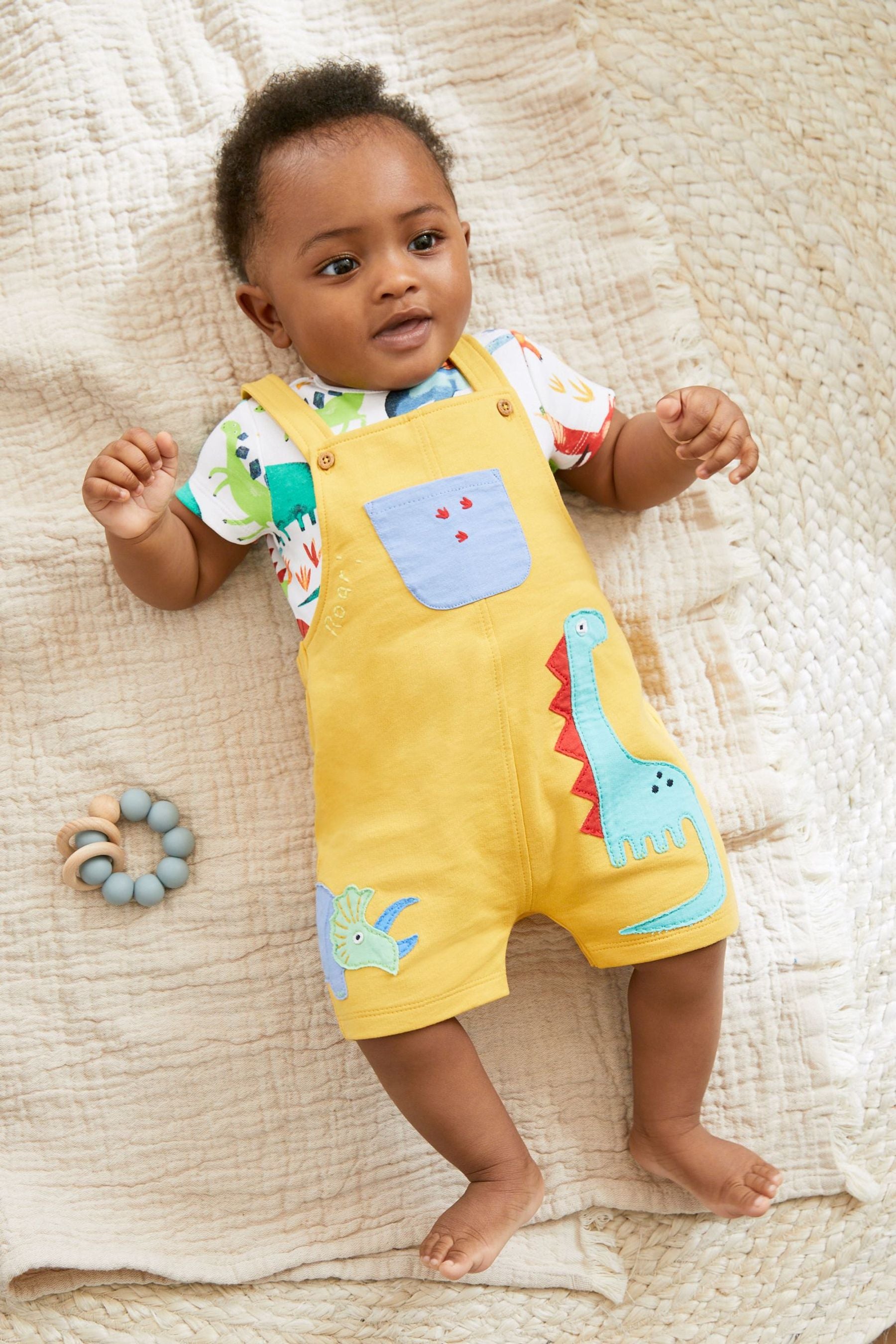 Yellow Applique Dino Baby Jersey Dungarees And Bodysuit Set (0mths-2yr