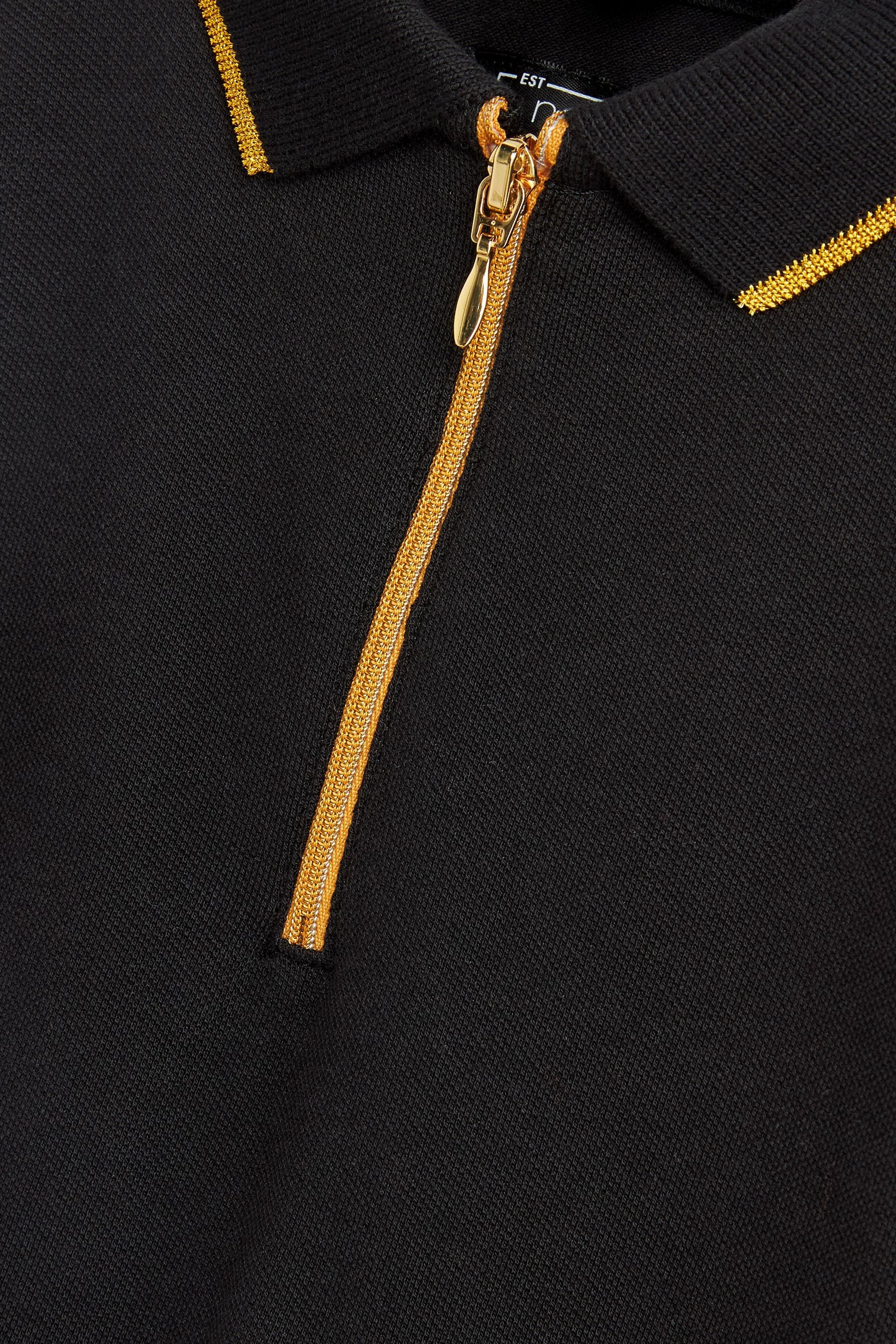 Black/Gold Tape Zip Neck Short Sleeve Polo Shirt (3-16yrs)