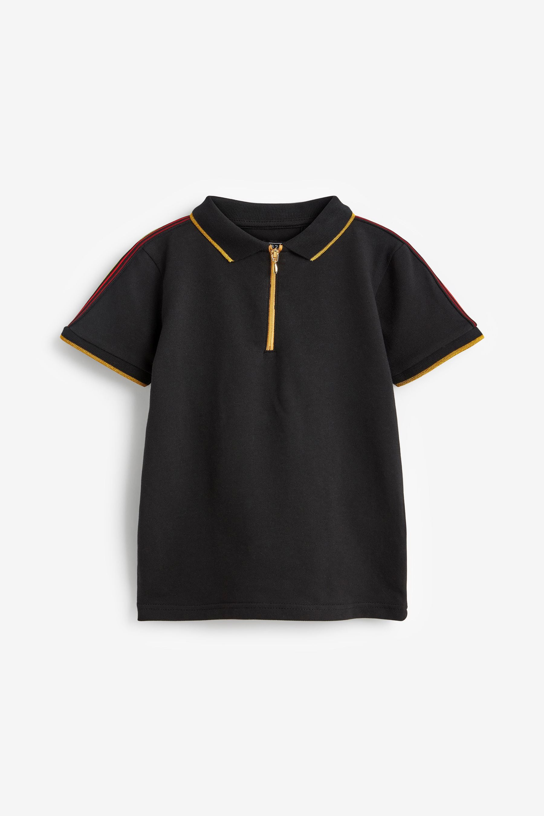 Black/Gold Tape Zip Neck Short Sleeve Polo Shirt (3-16yrs)