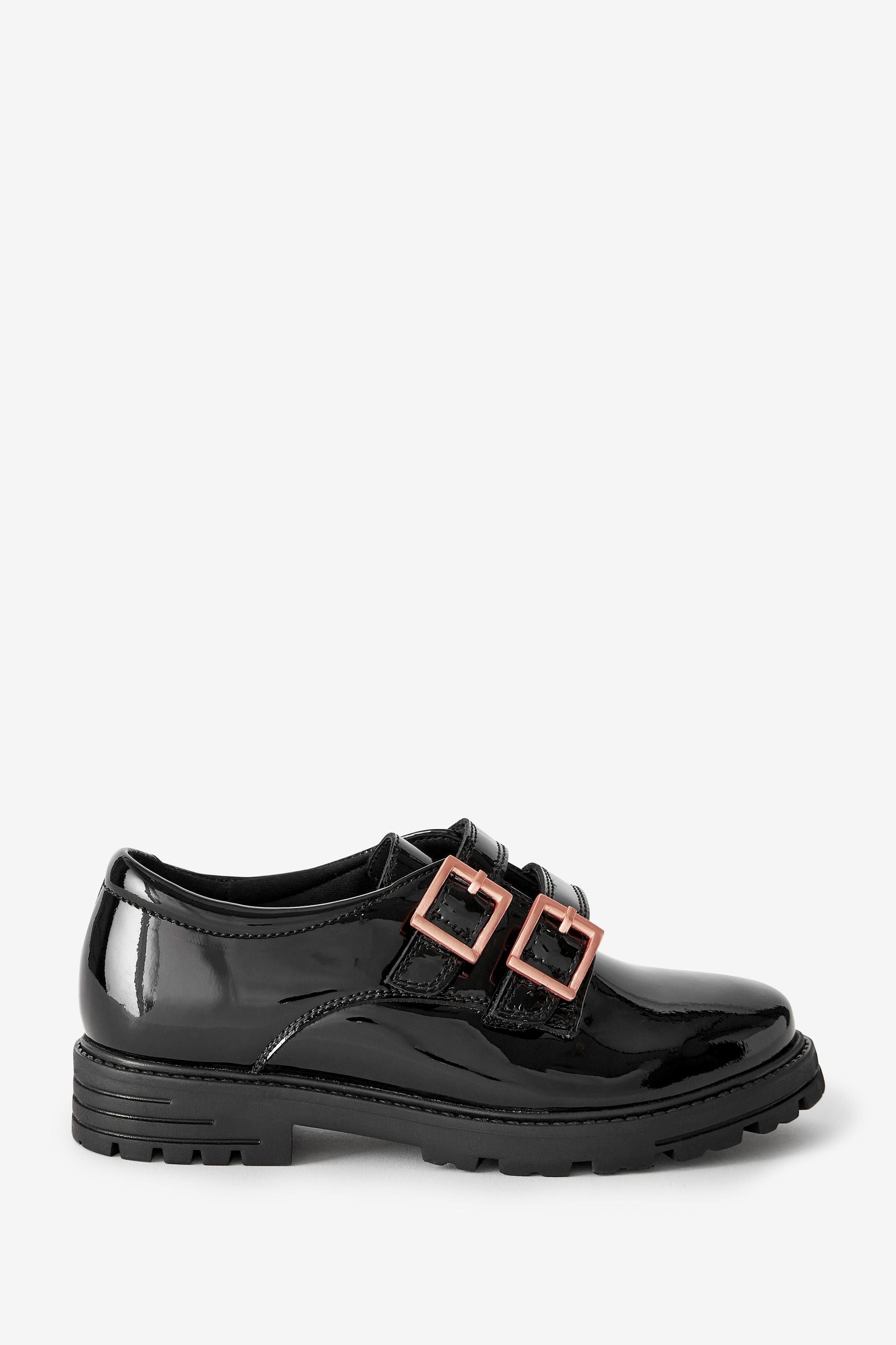 Black Leather Rose Gold Touch Fastening Buckle School Shoes