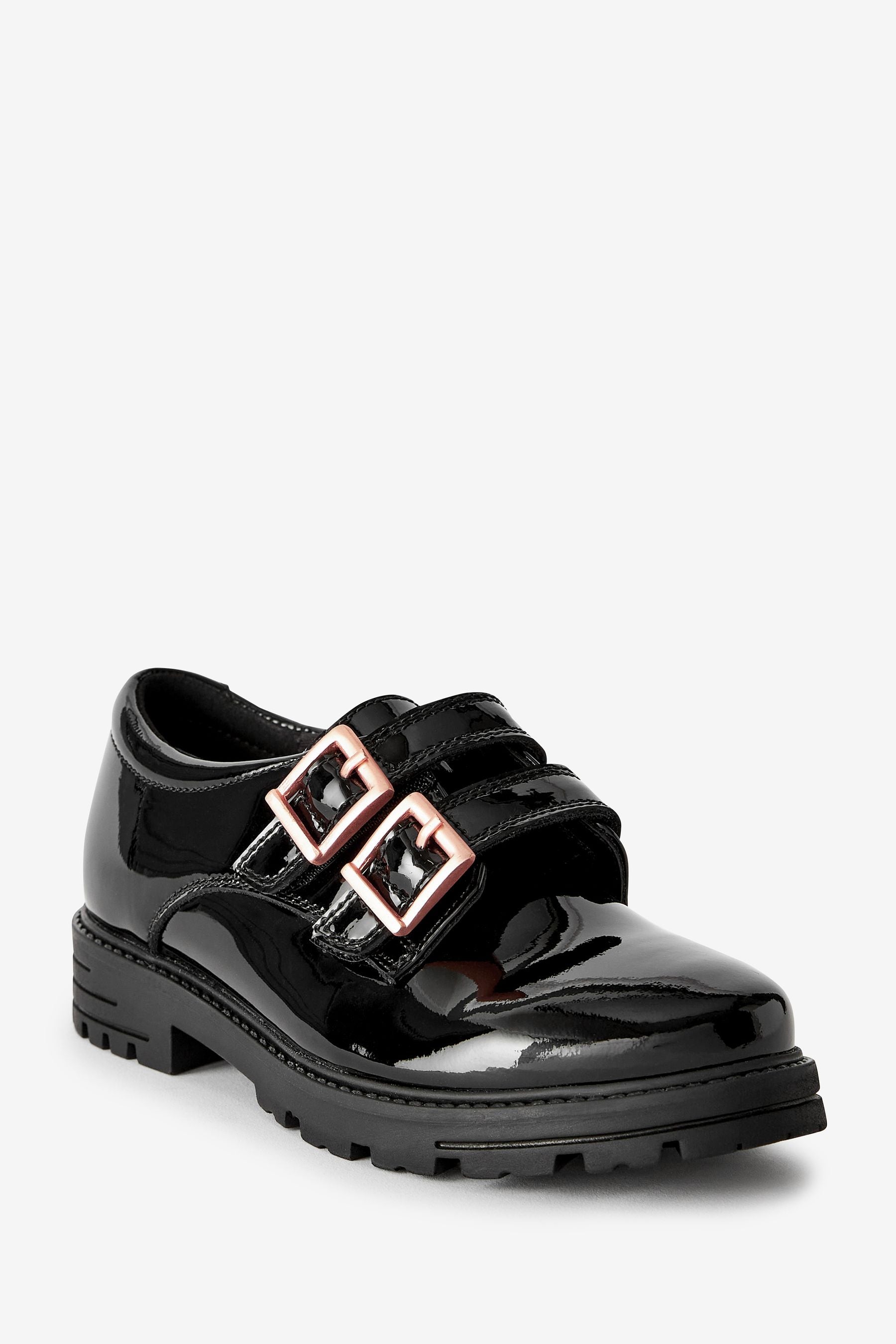 Black Leather Rose Gold Touch Fastening Buckle School Shoes