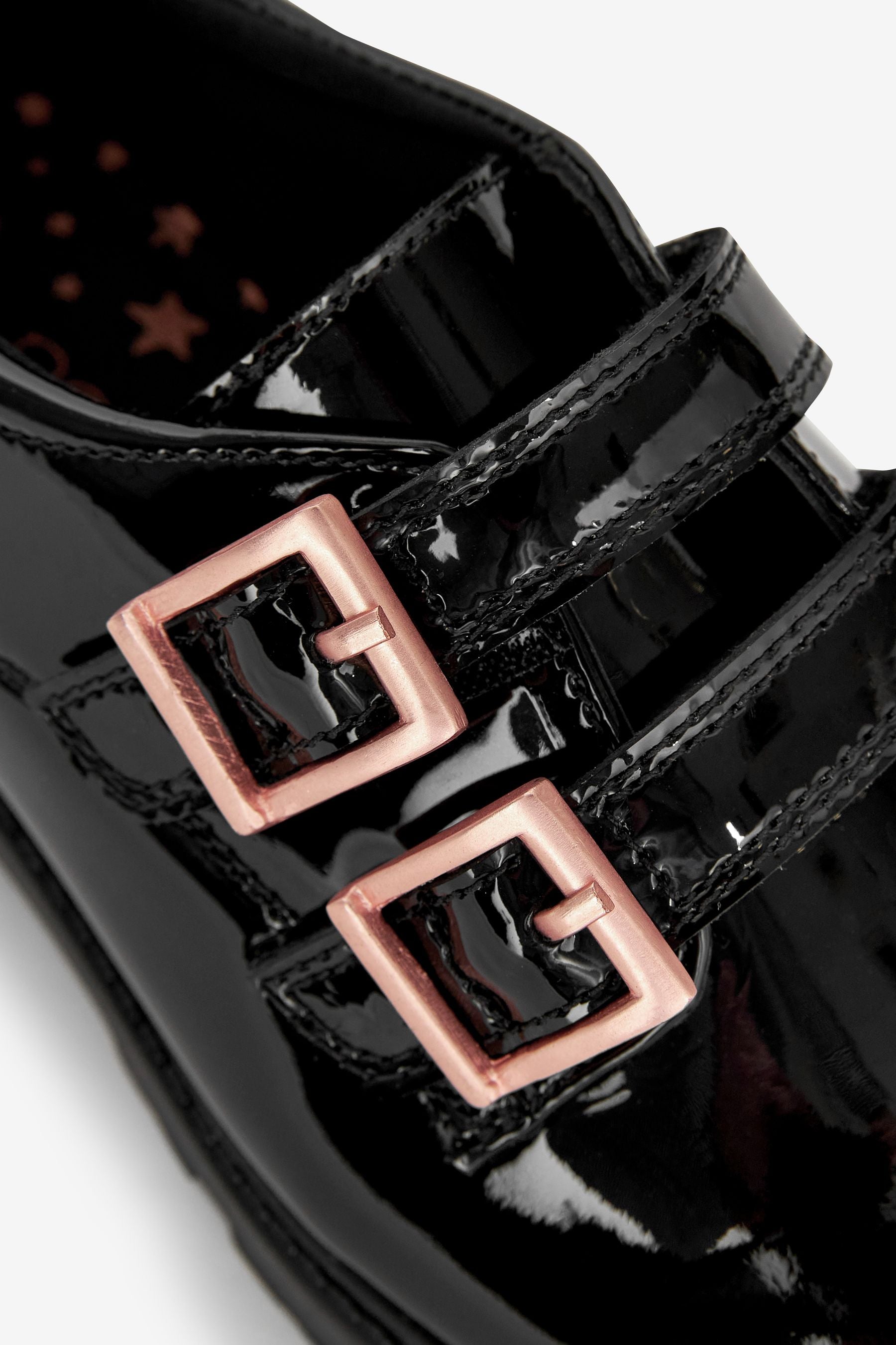 Black Leather Rose Gold Touch Fastening Buckle School Shoes