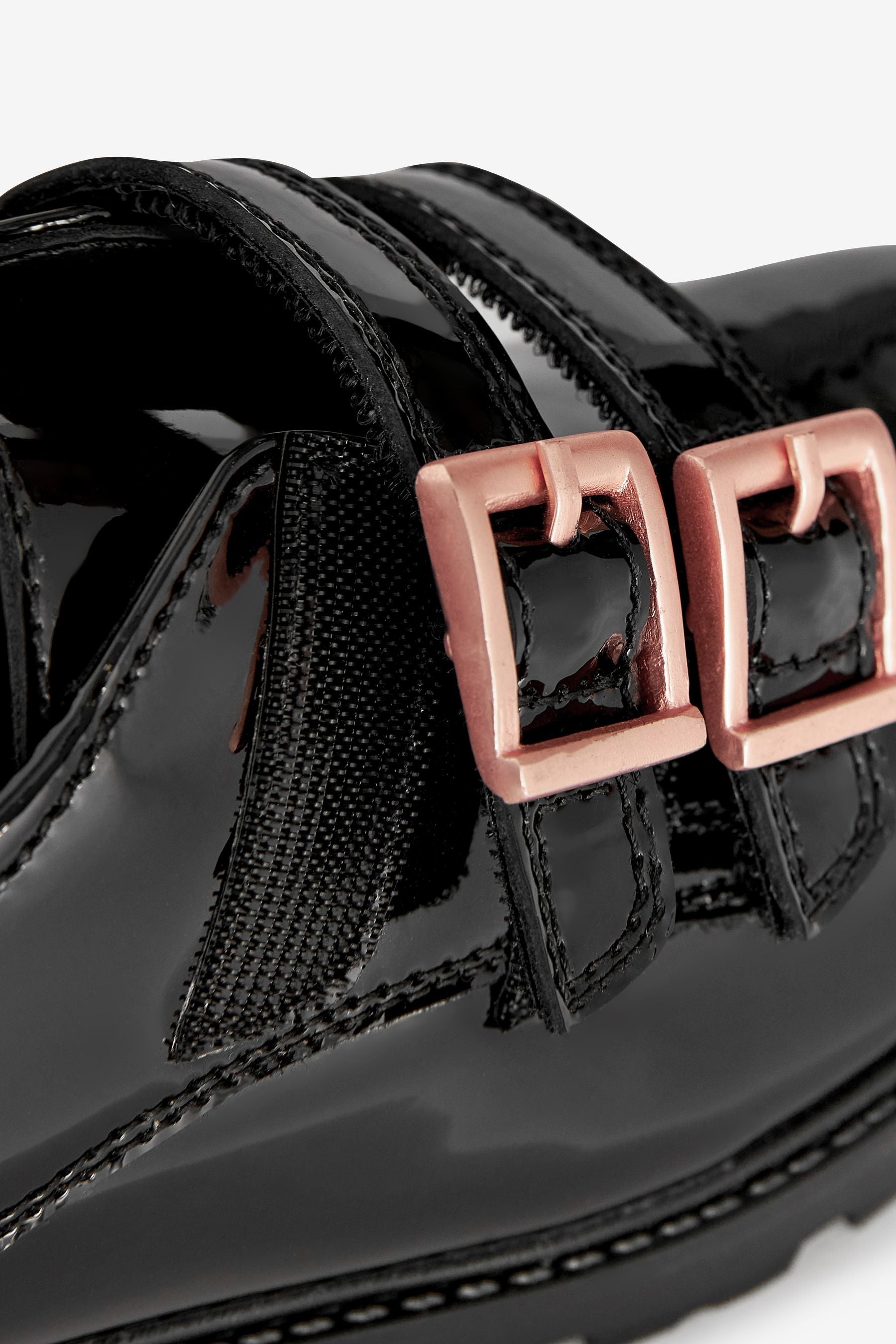 Black Leather Rose Gold Touch Fastening Buckle School Shoes