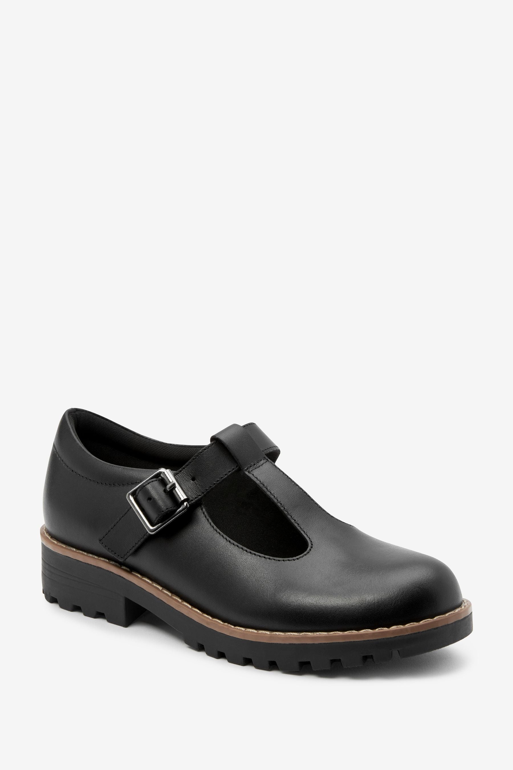 Black Leather School T-Bar Shoes