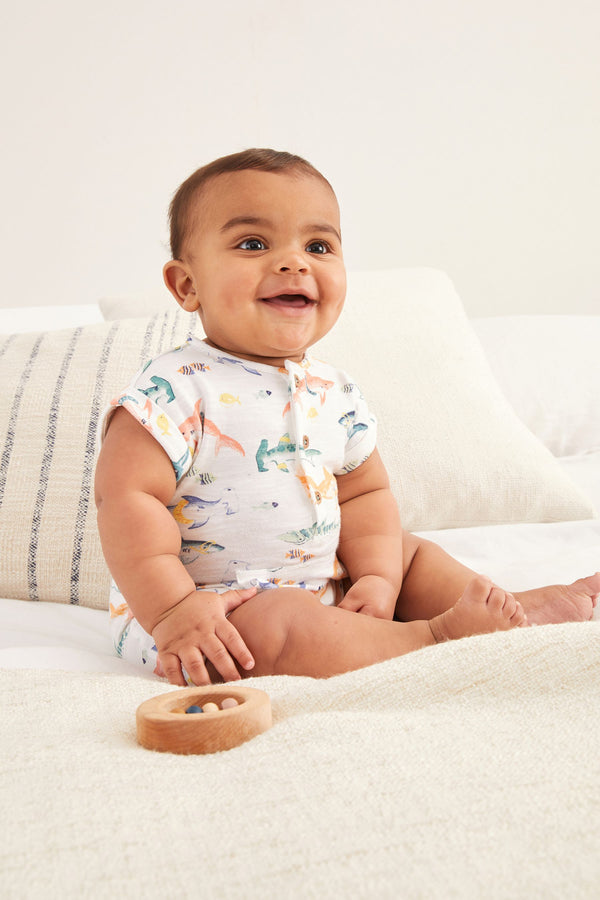 Multi FatFace Baby Crew Shark Print Romper