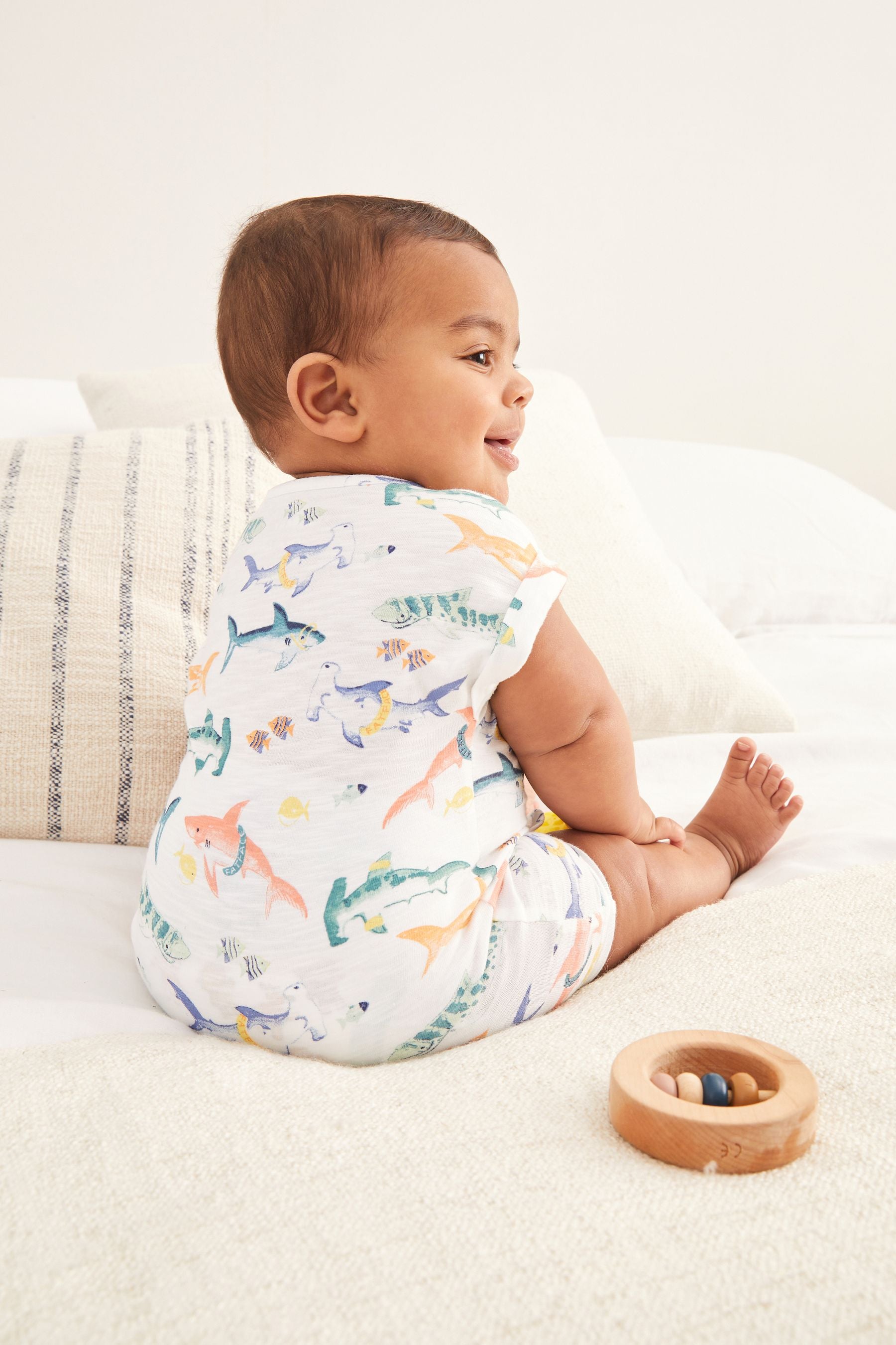 Multi FatFace Baby Crew Shark Print Romper