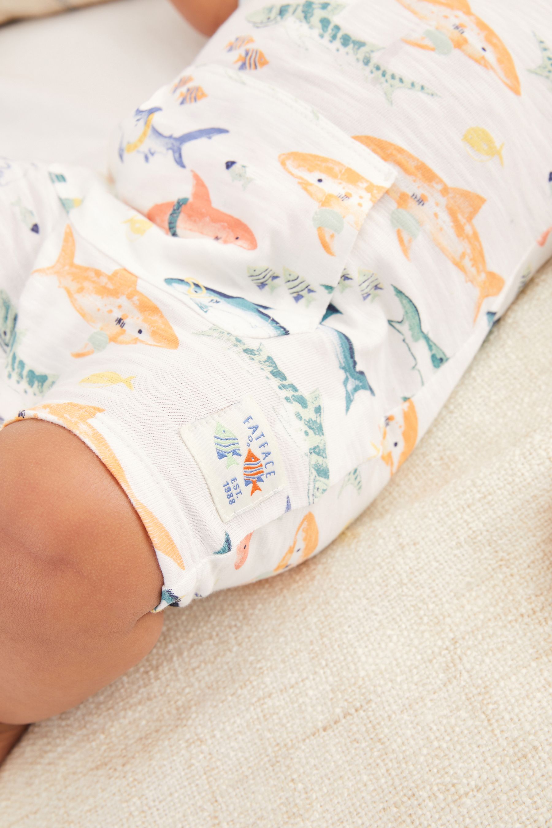 Multi FatFace Baby Crew Shark Print Romper