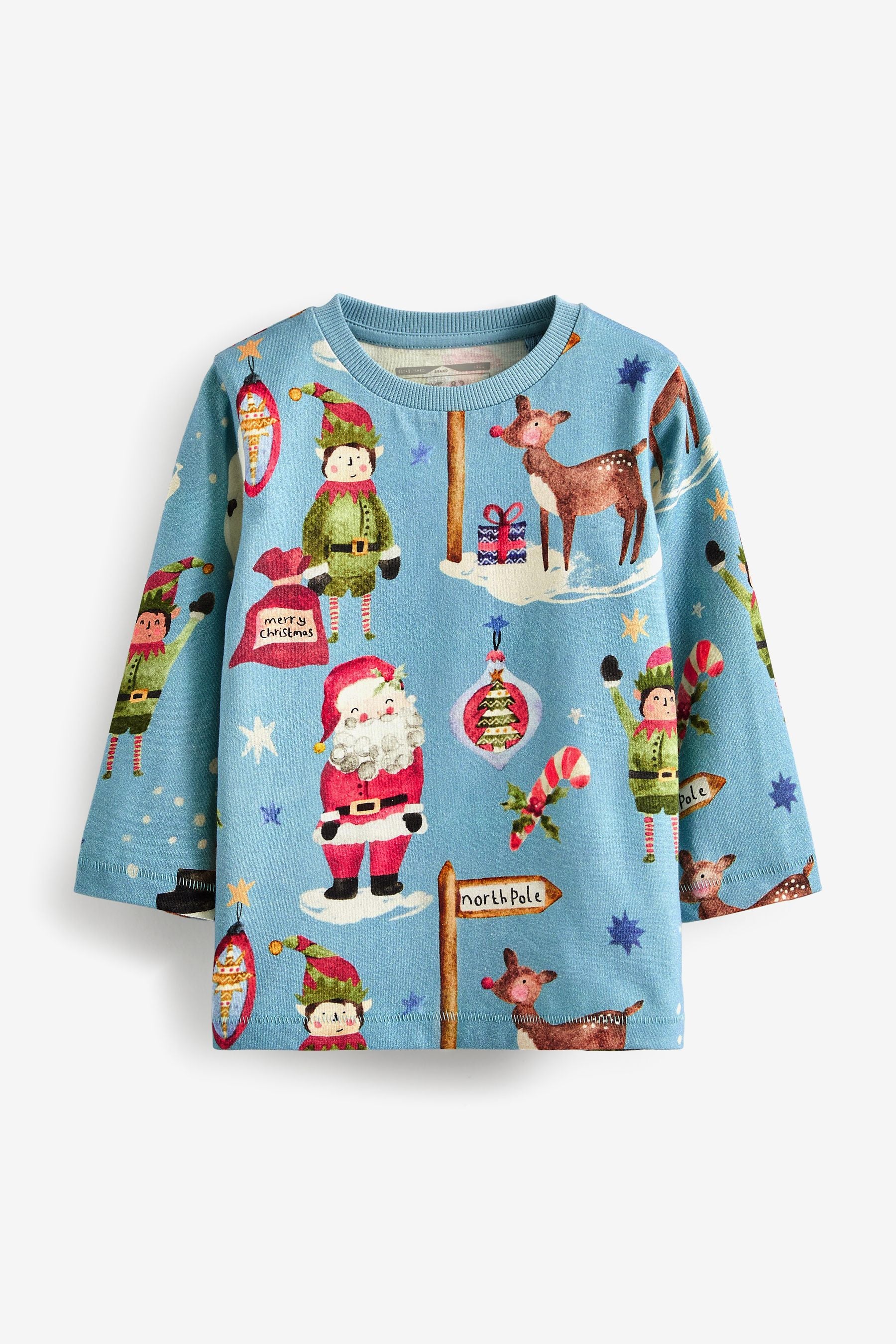 Blue All Over Print Long Sleeve Christmas T-Shirt (3mths-7yrs)