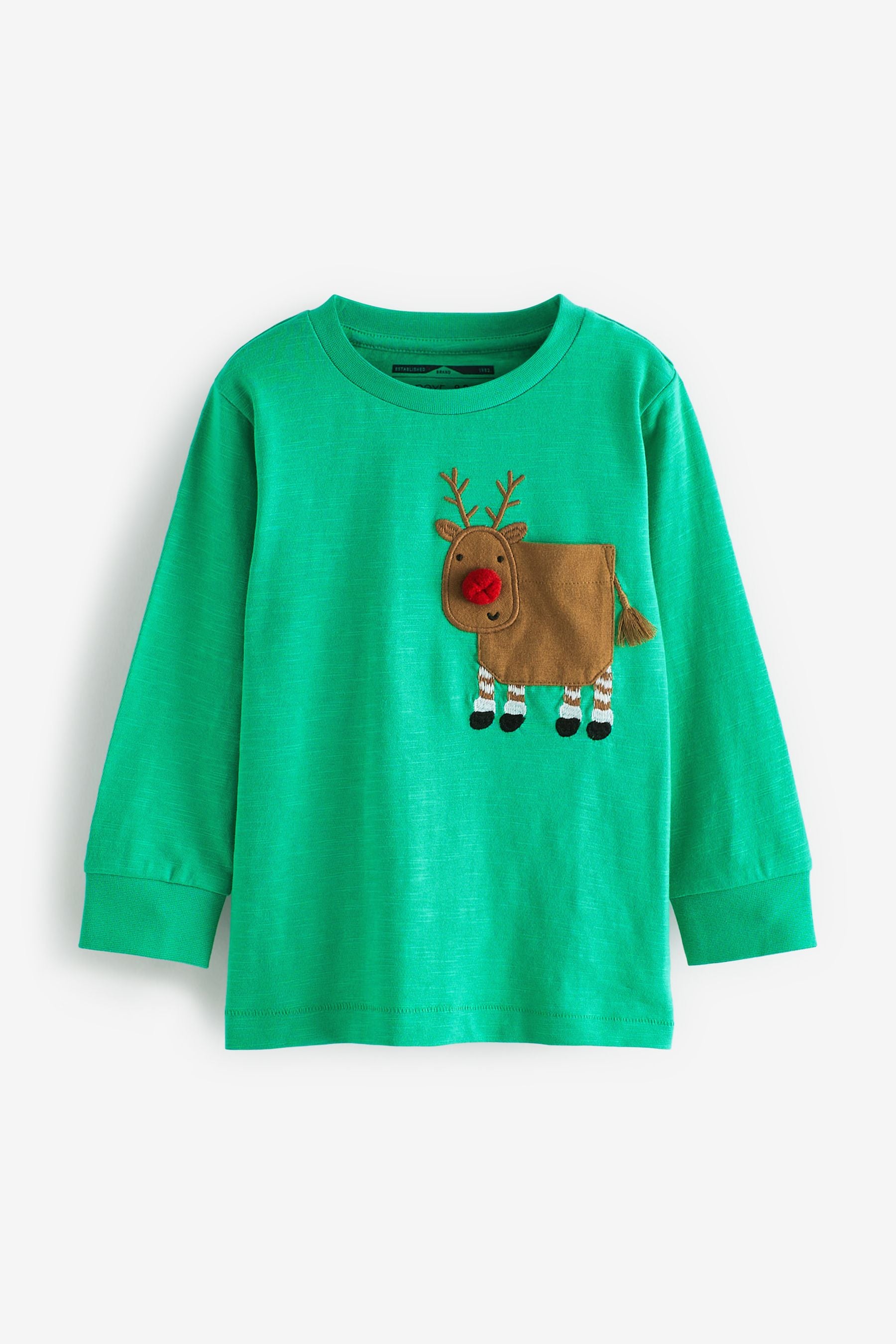 Green Reindeer Pocket Long Sleeve Christmas T-Shirt (3mths-7yrs)