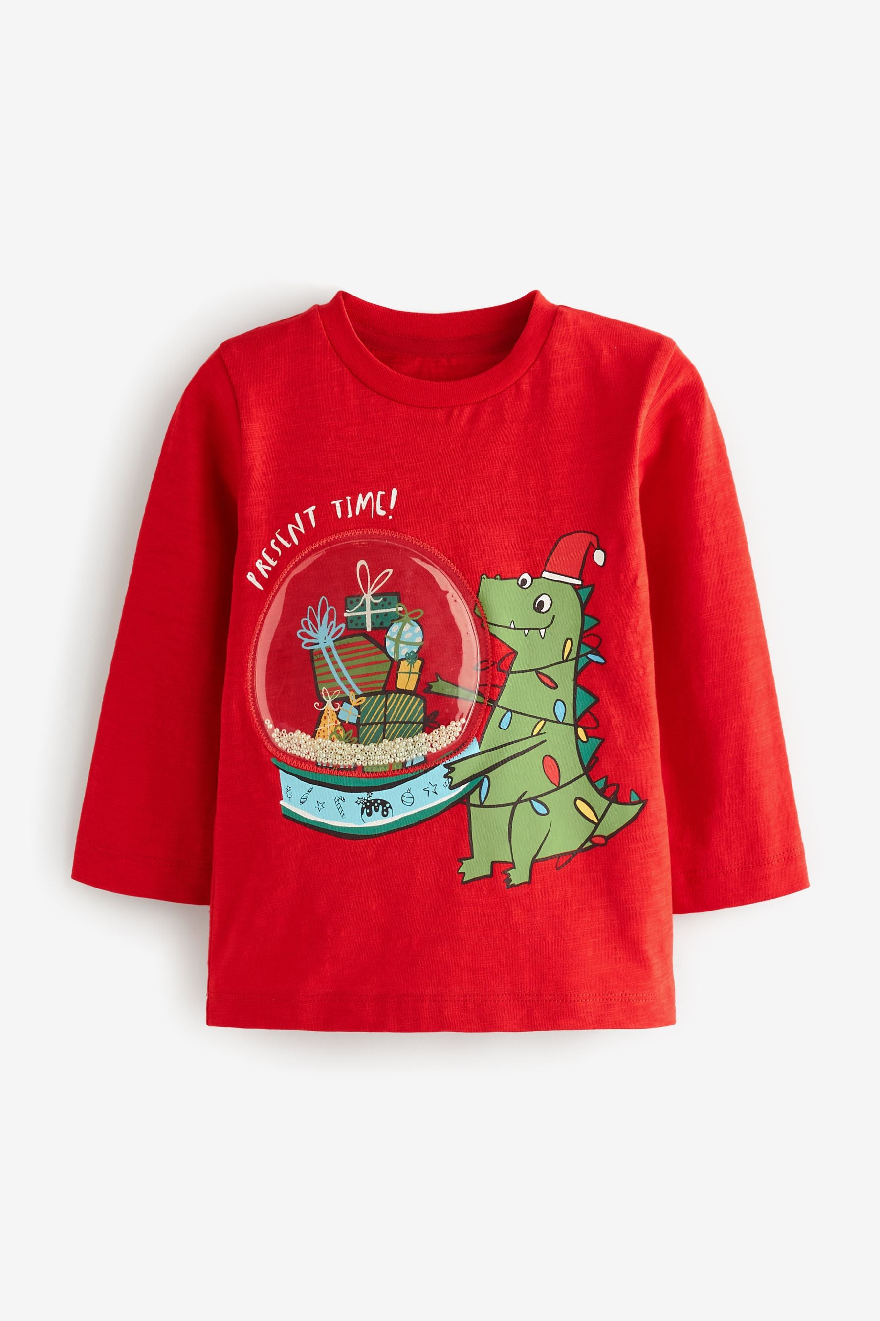 Red Dino Globe Long Sleeve Christmas T-Shirt (3mths-7yrs)