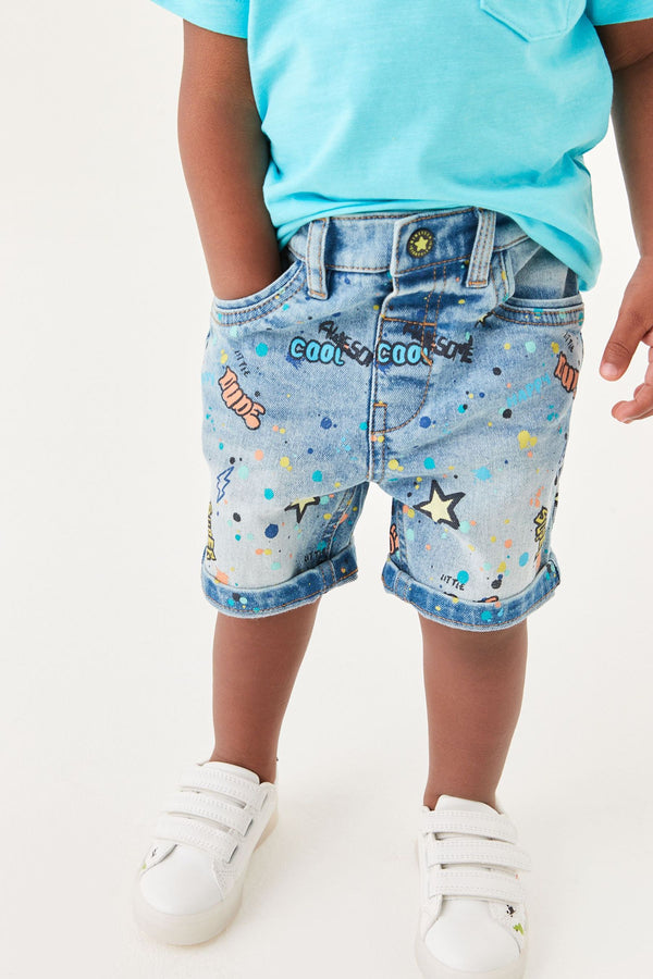 Denim Bleach Wash Graffiti Print Shorts (3mths-7yrs)