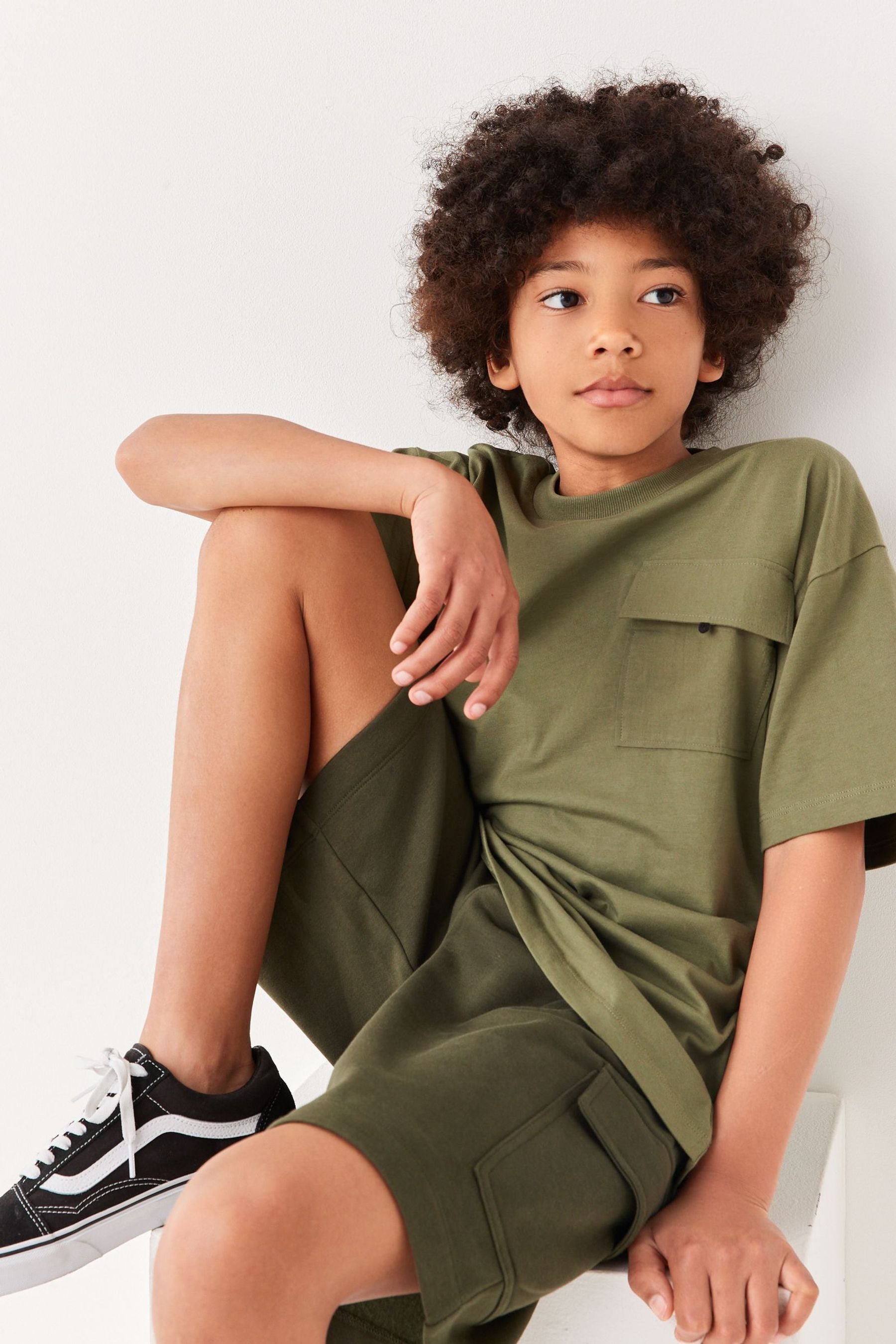 Khaki Green Utility Pocket T-Shirt And Shorts Set (3-16yrs)