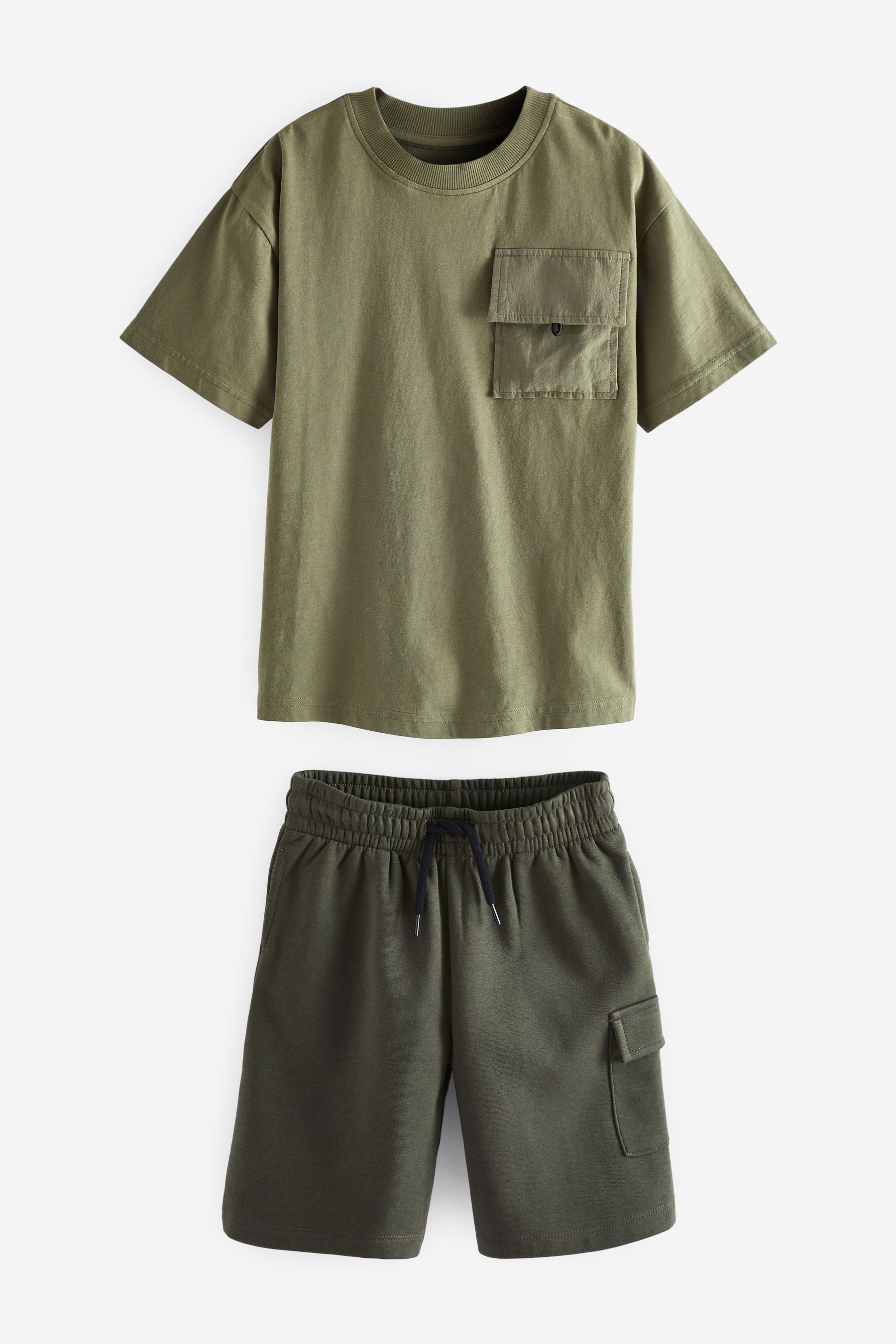 Khaki Green Utility Pocket T-Shirt And Shorts Set (3-16yrs)