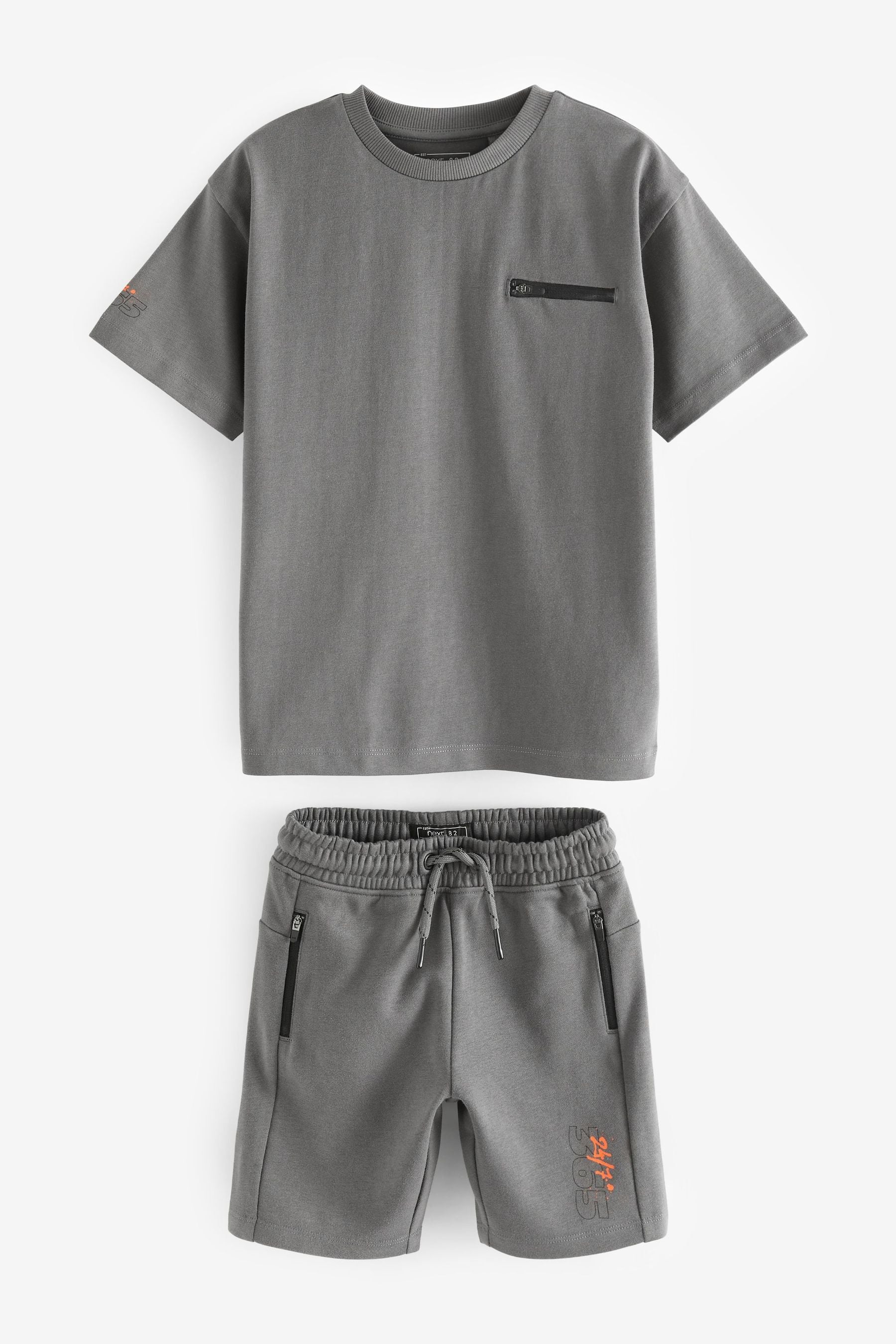 Grey Zip Pocket T-Shirt And Shorts Set (3-16yrs)