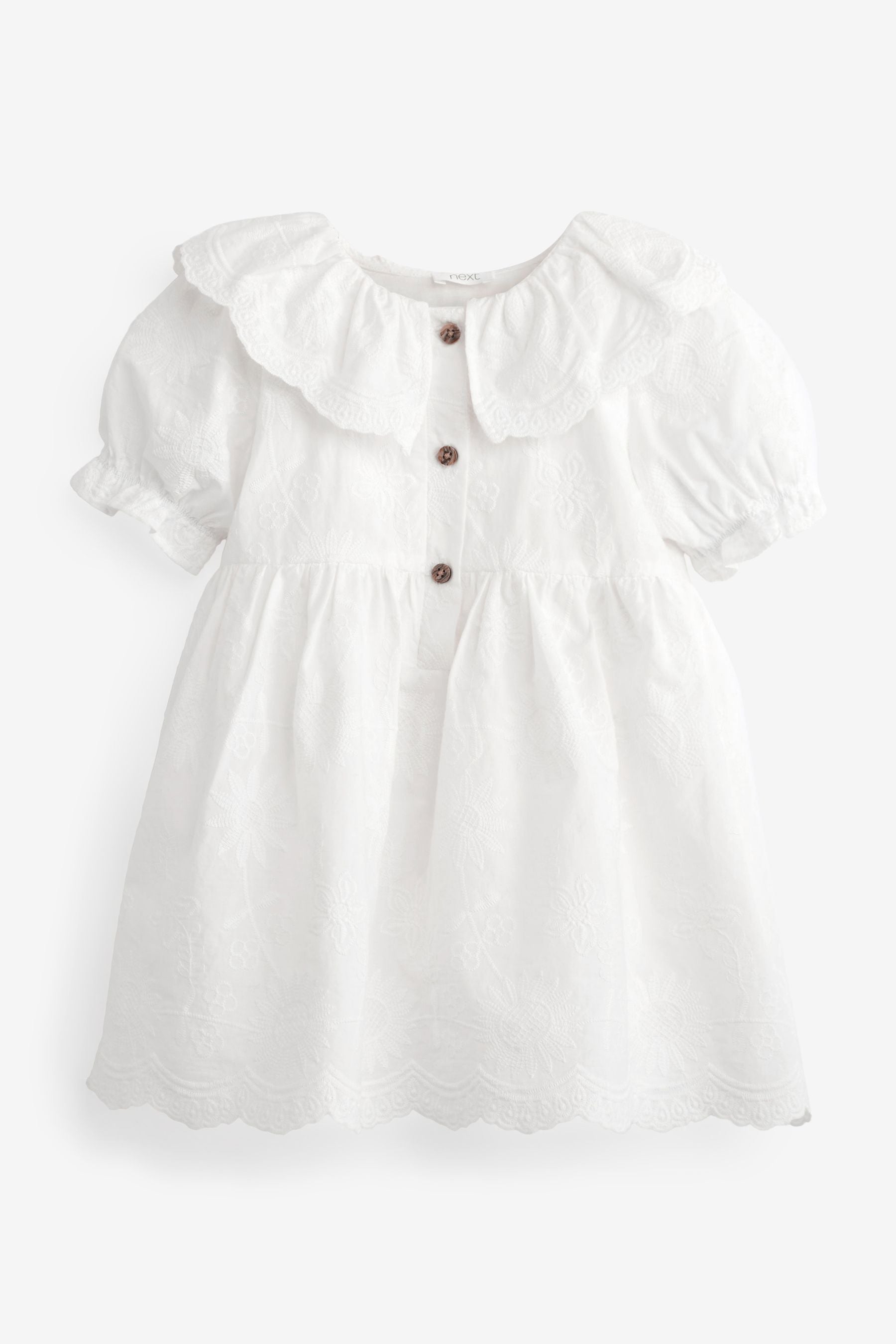 White Embroidered Cotton Dress With Collar (3mths-7yrs)