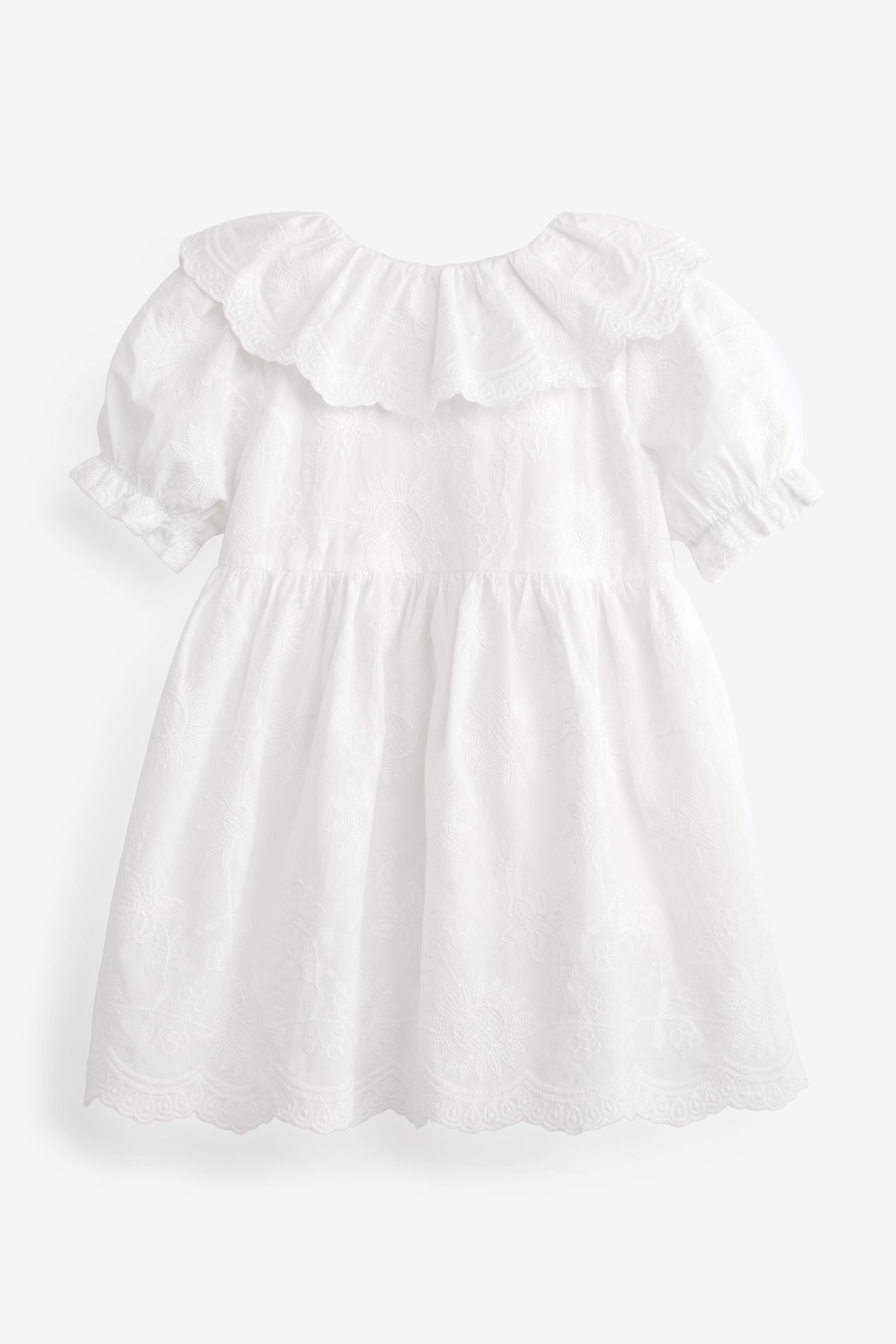 White Embroidered Cotton Dress With Collar (3mths-7yrs)