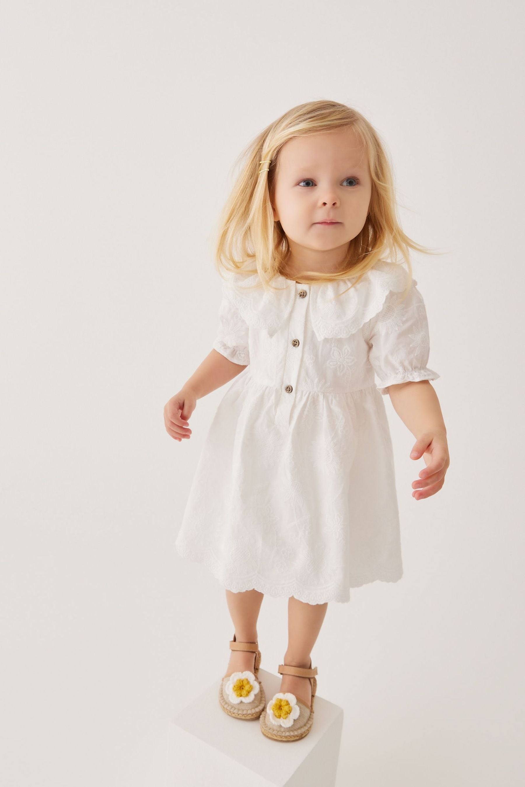 White Embroidered Cotton Dress With Collar (3mths-7yrs)