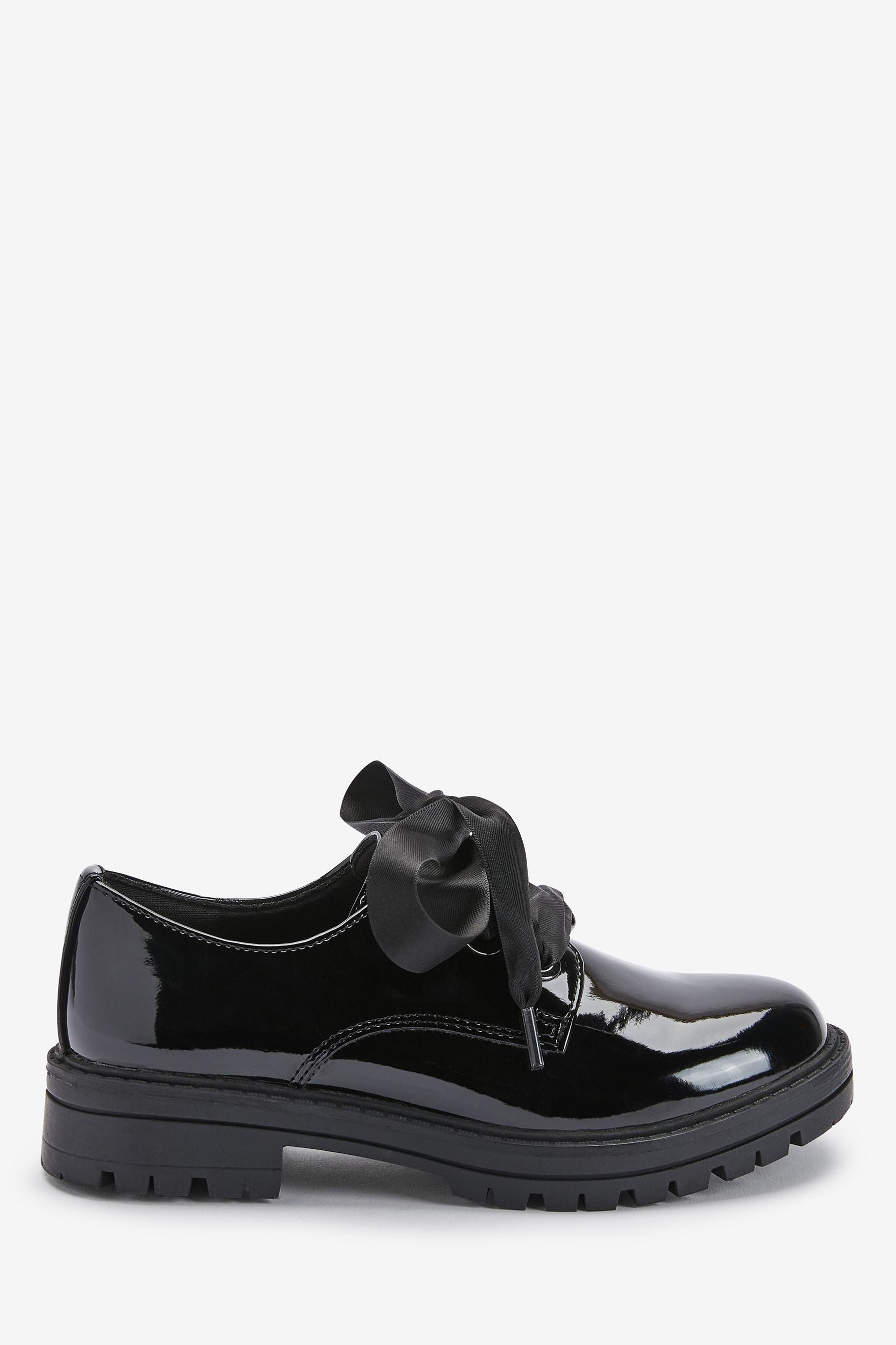 Black Patent Ribbon Lace School Shoes