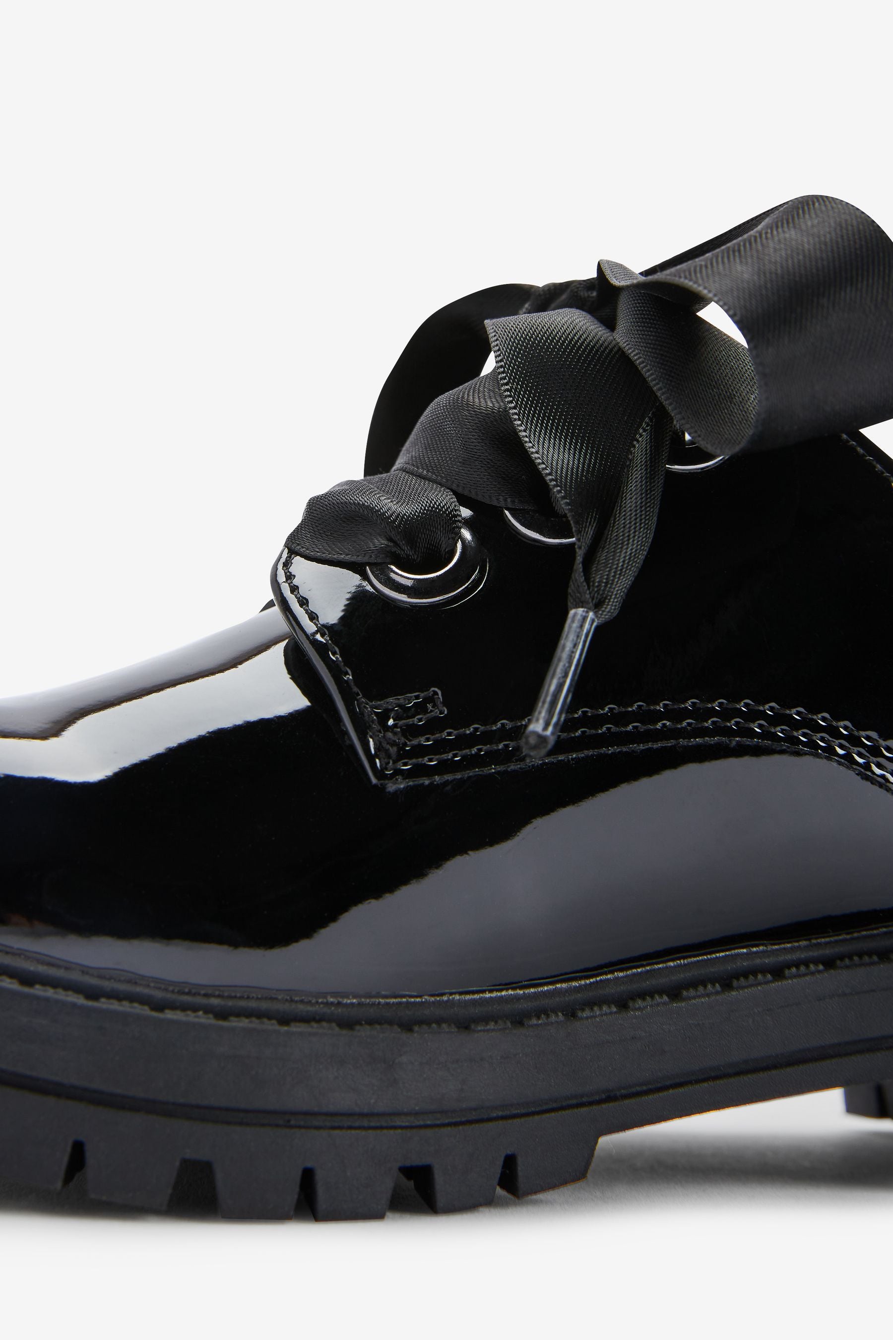 Black Patent Ribbon Lace School Shoes