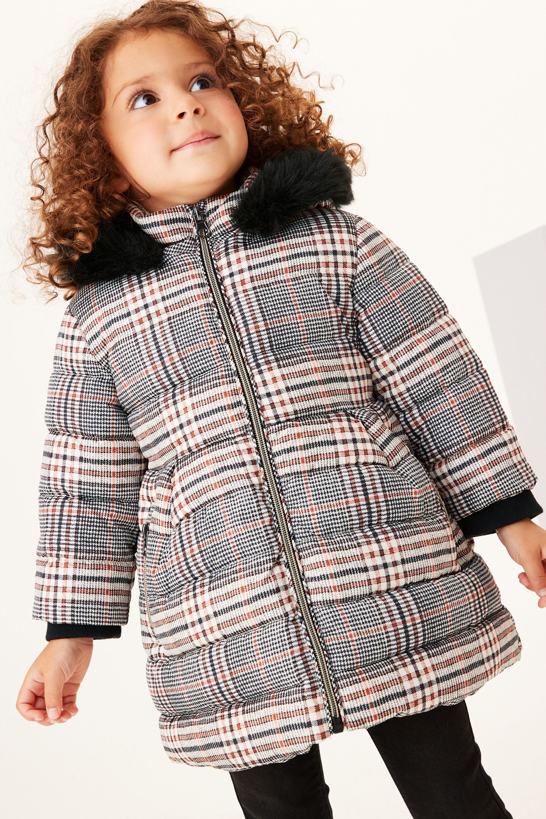 Black Shower Resistant Printed Check Padded Coat (3mths-7yrs)