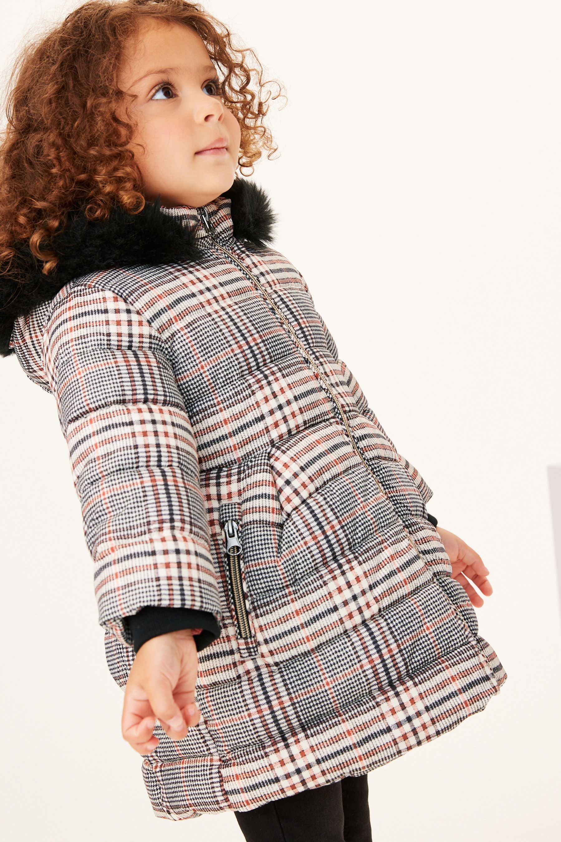 Black Shower Resistant Printed Check Padded Coat (3mths-7yrs)