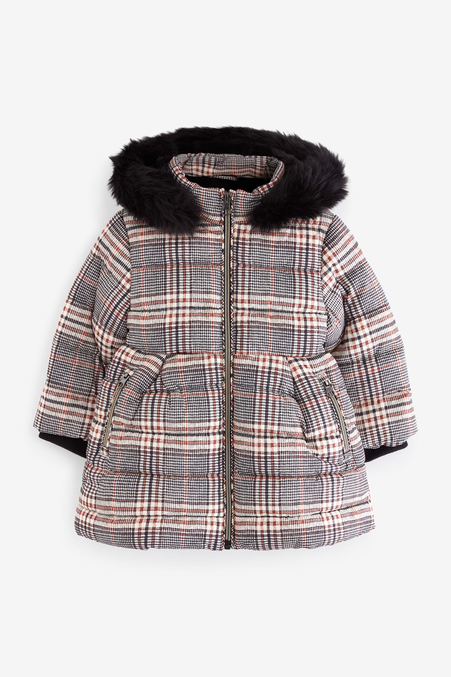 Black Shower Resistant Printed Check Padded Coat (3mths-7yrs)