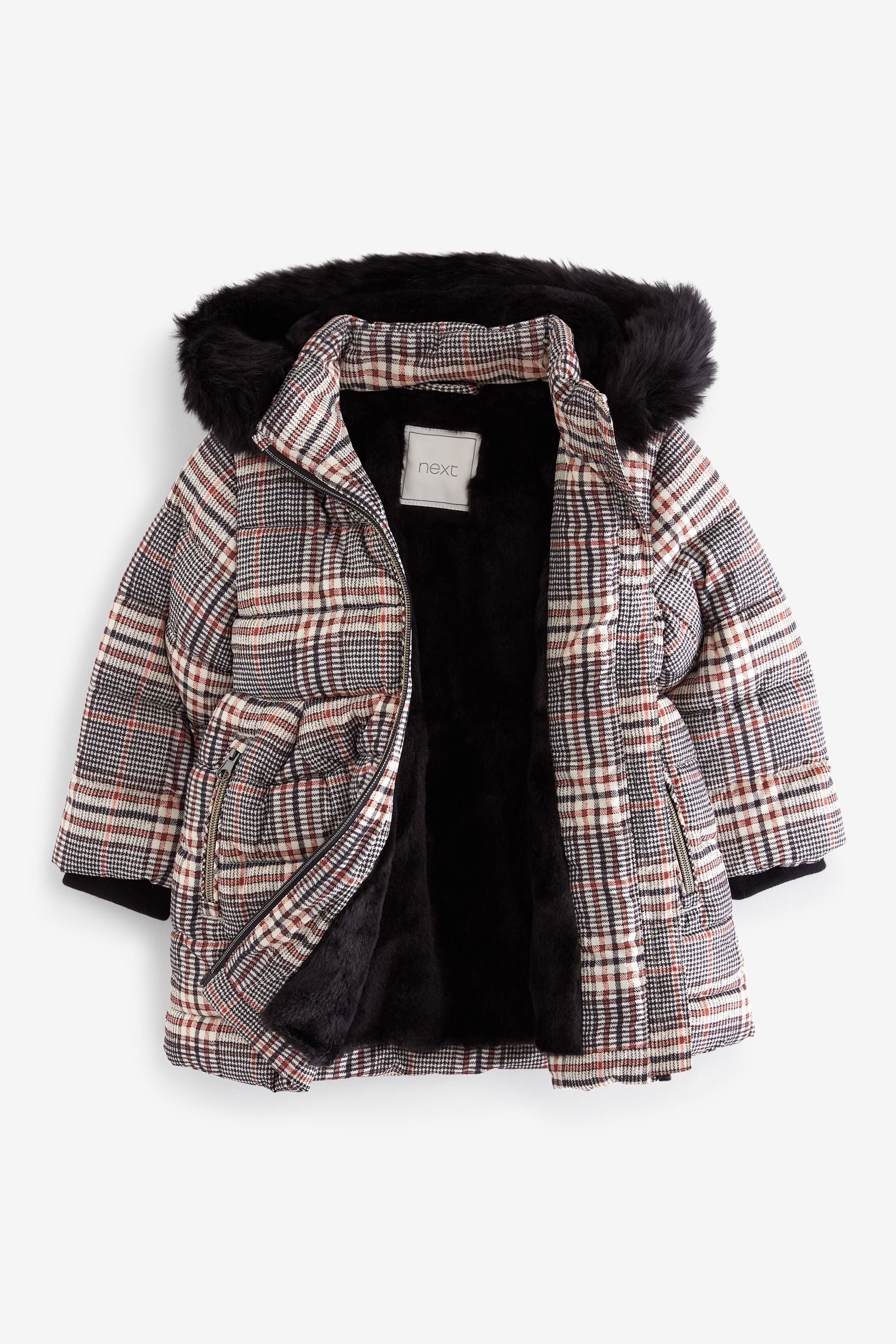 Black Shower Resistant Printed Check Padded Coat (3mths-7yrs)