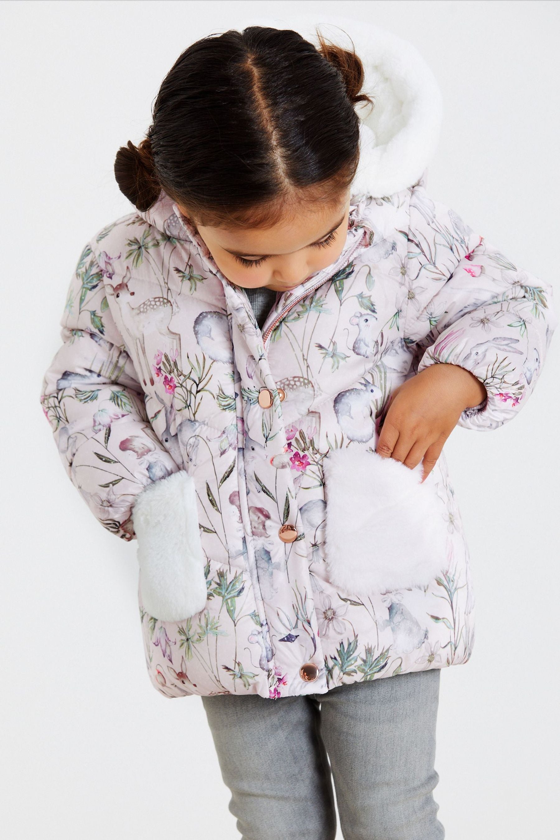 Pink Printed Shower Resistant Faux Fur Lined Padded Coat (3mths-7yrs)