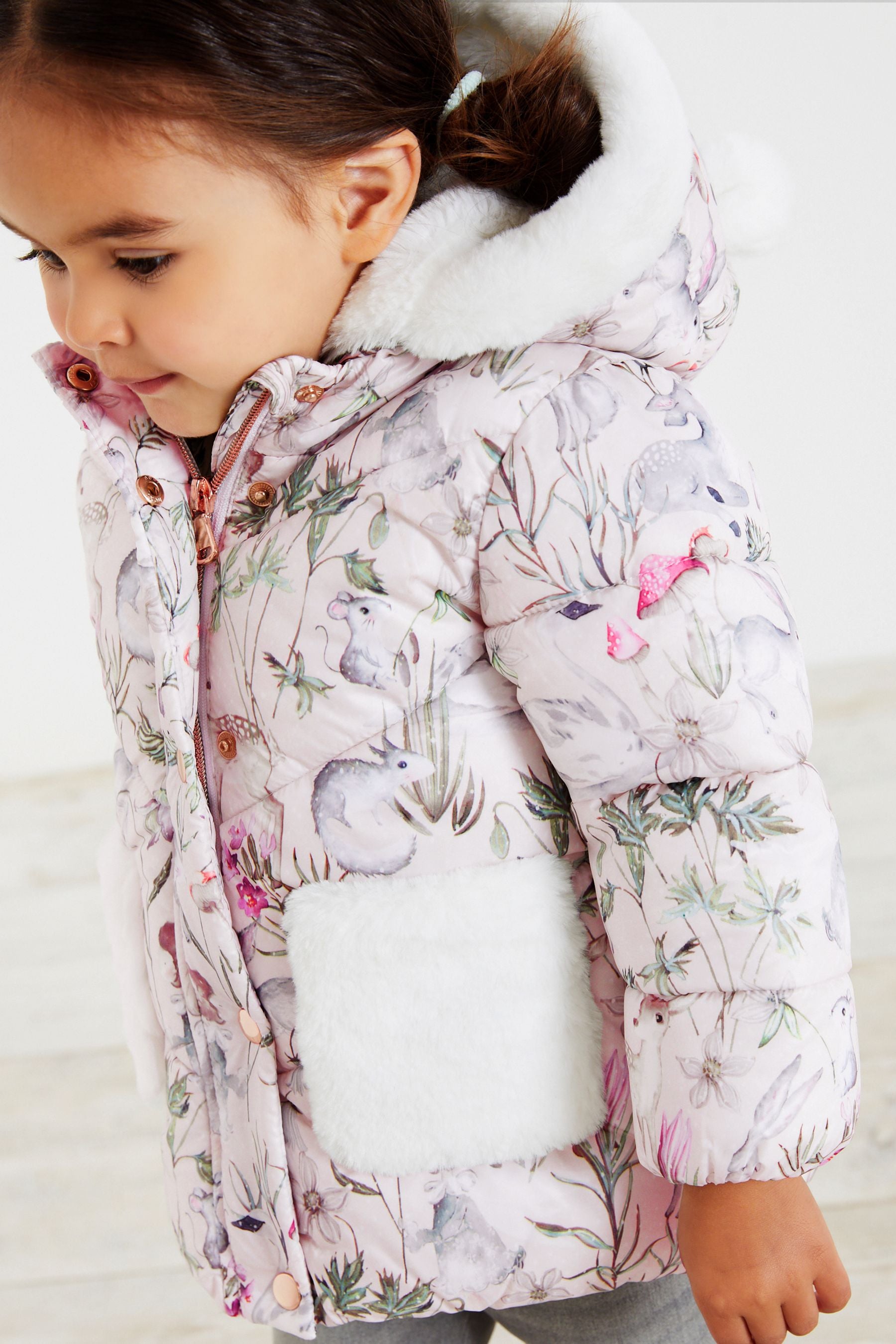 Pink Printed Shower Resistant Faux Fur Lined Padded Coat (3mths-7yrs)