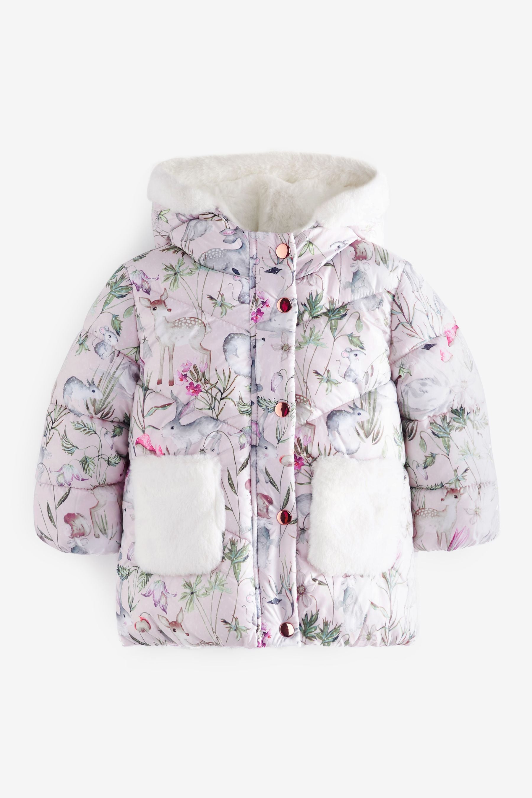 Pink Printed Shower Resistant Faux Fur Lined Padded Coat (3mths-7yrs)