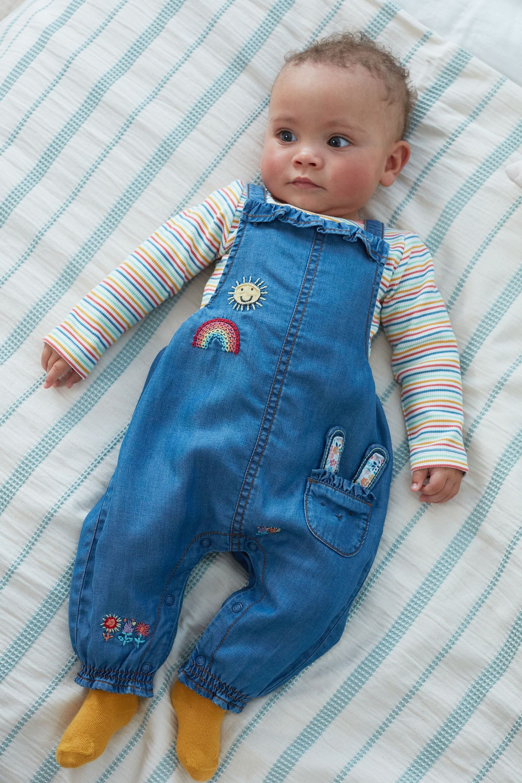 Blue Denim Character Baby Dungarees And Stripe Bodysuit (0mths-2yrs)