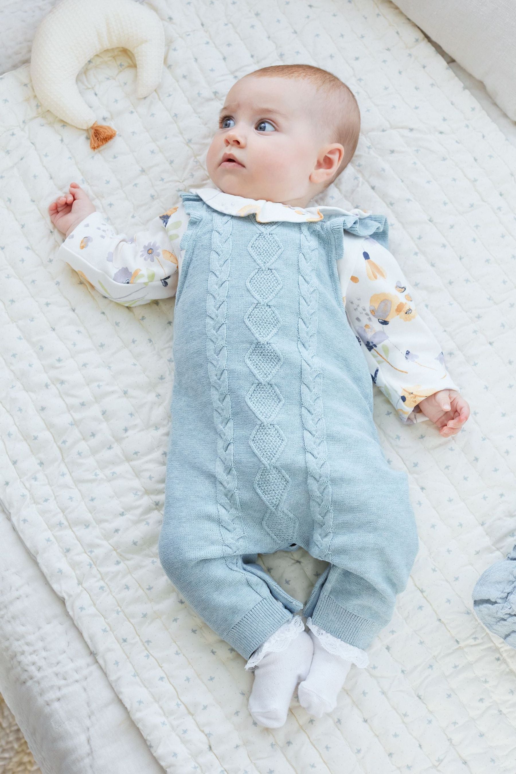 Teal Blue Knitted Supersoft Baby Dungarees With Floral Printed Collared Bodysuit (0mths-2yrs)