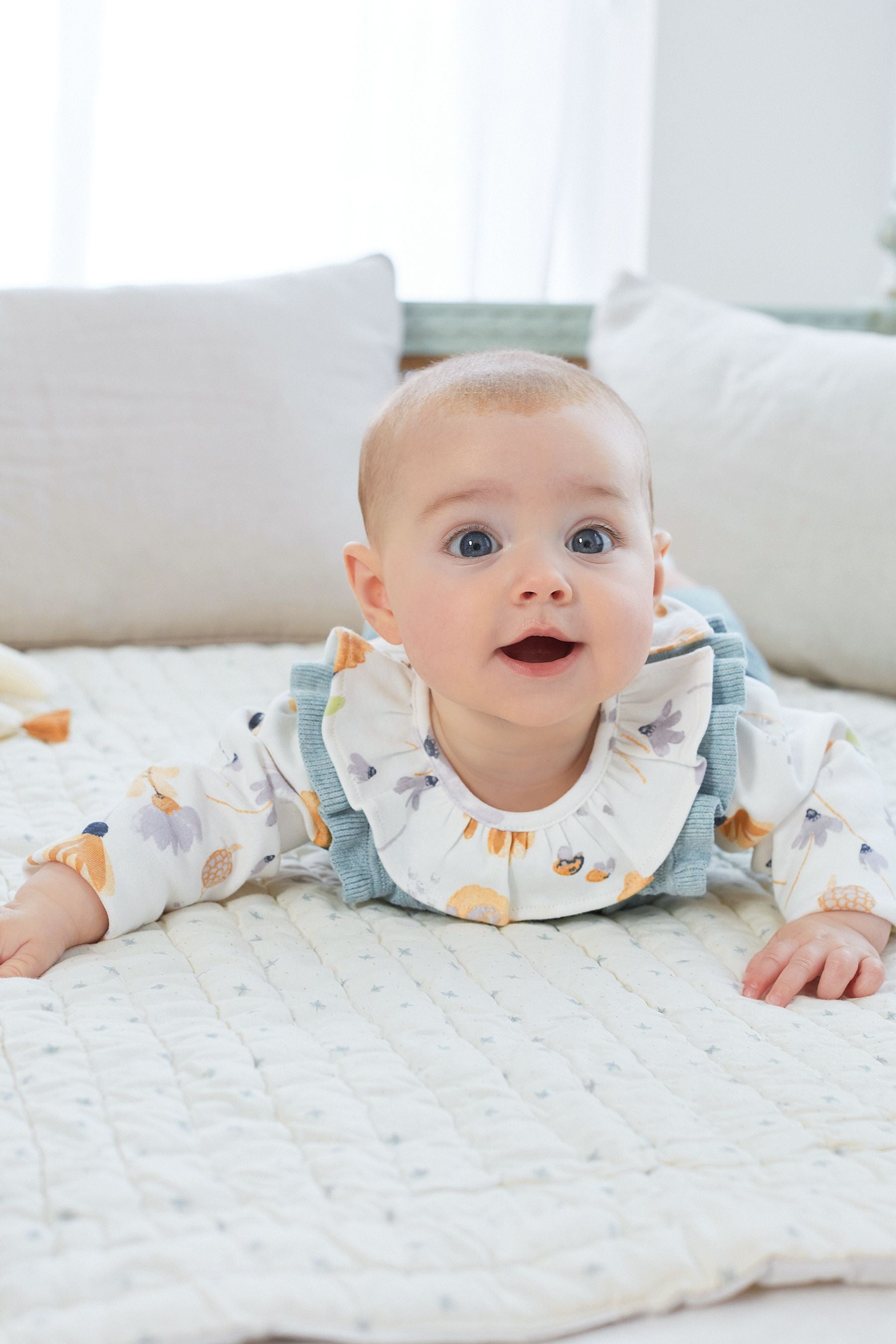 Teal Blue Knitted Supersoft Baby Dungarees With Floral Printed Collared Bodysuit (0mths-2yrs)